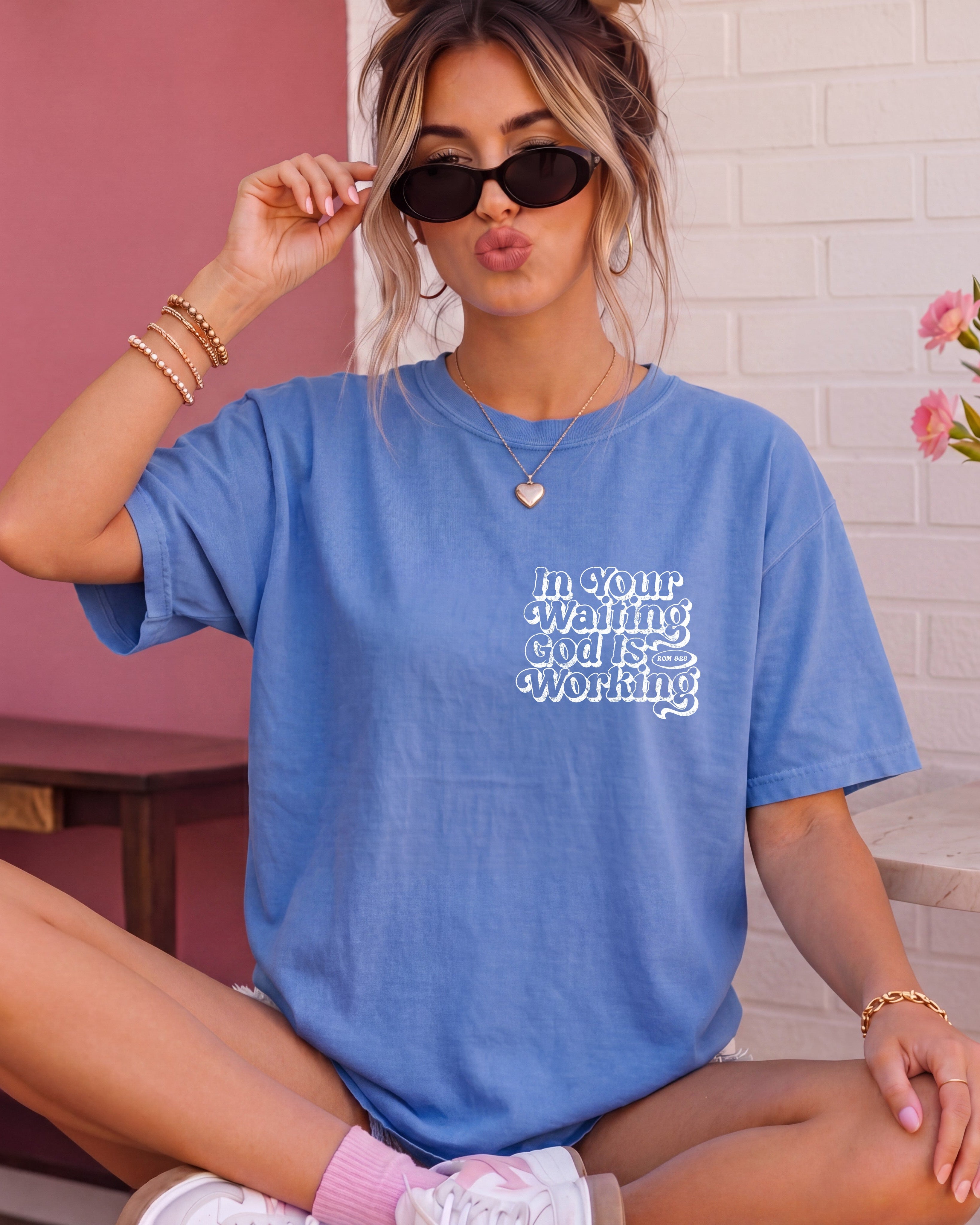 In the waiting God is working Comfort Colors T Shirt Religious Jesus Bible (Outlined Groovy)