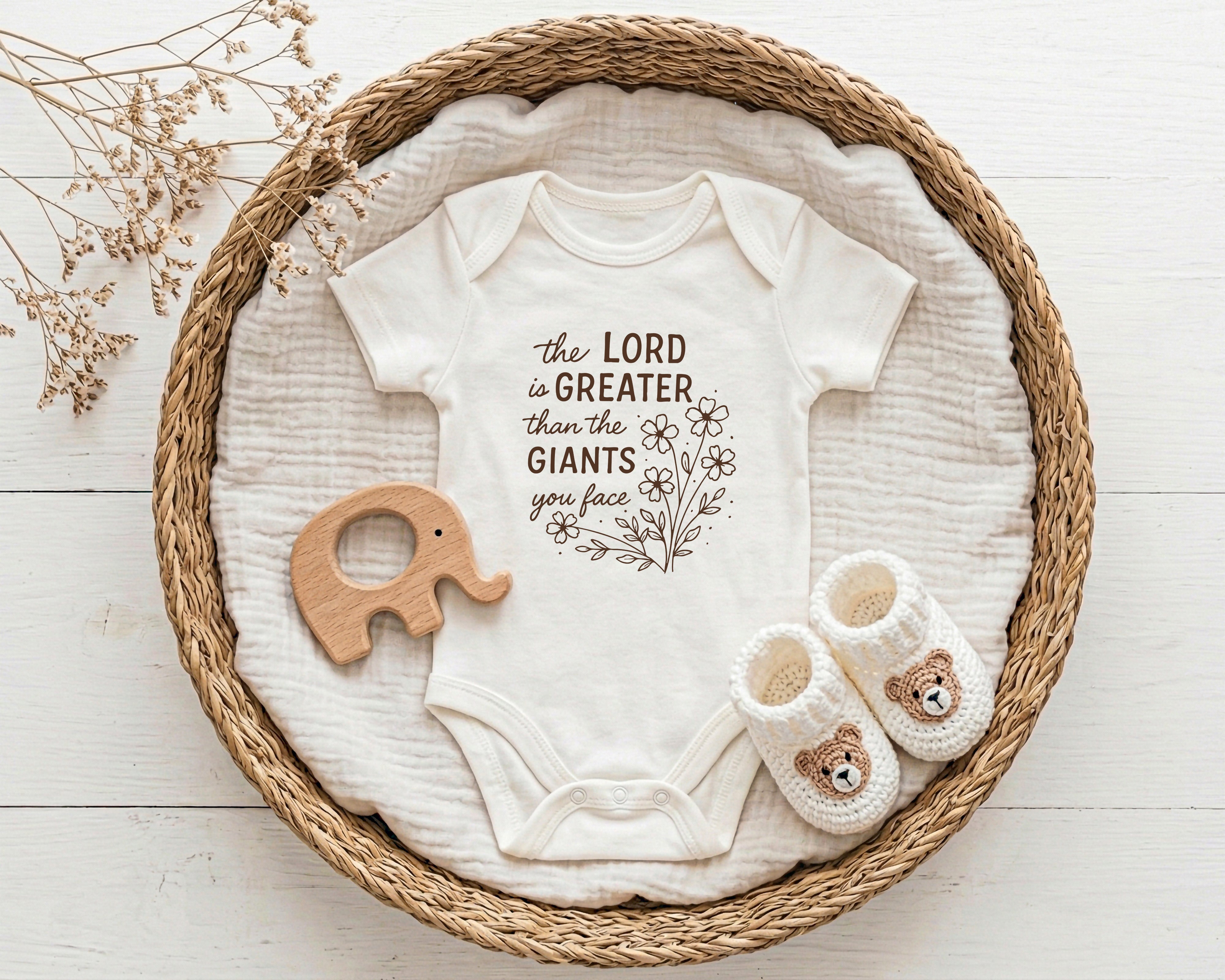 The Lord is greater than the giant Christian Baby Bodysuit, Romper, Toddler Youth Tee, Sweatshirt