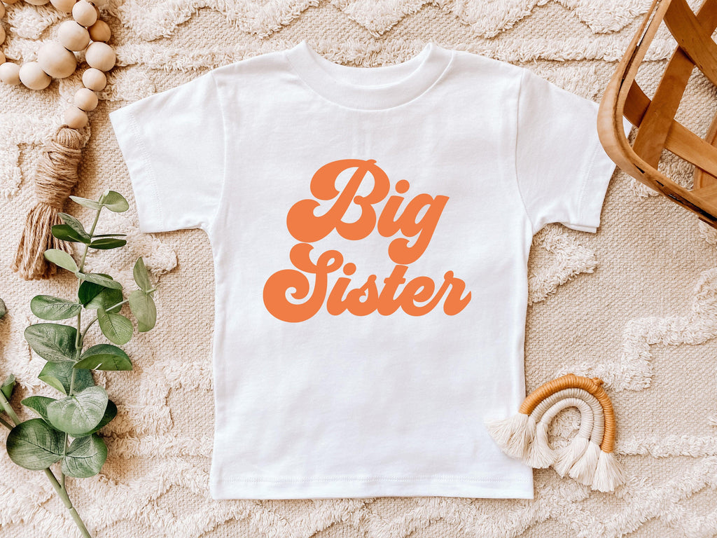 Big Sister Baby And Toddler Sibling T Shirt (Groovy Orange)