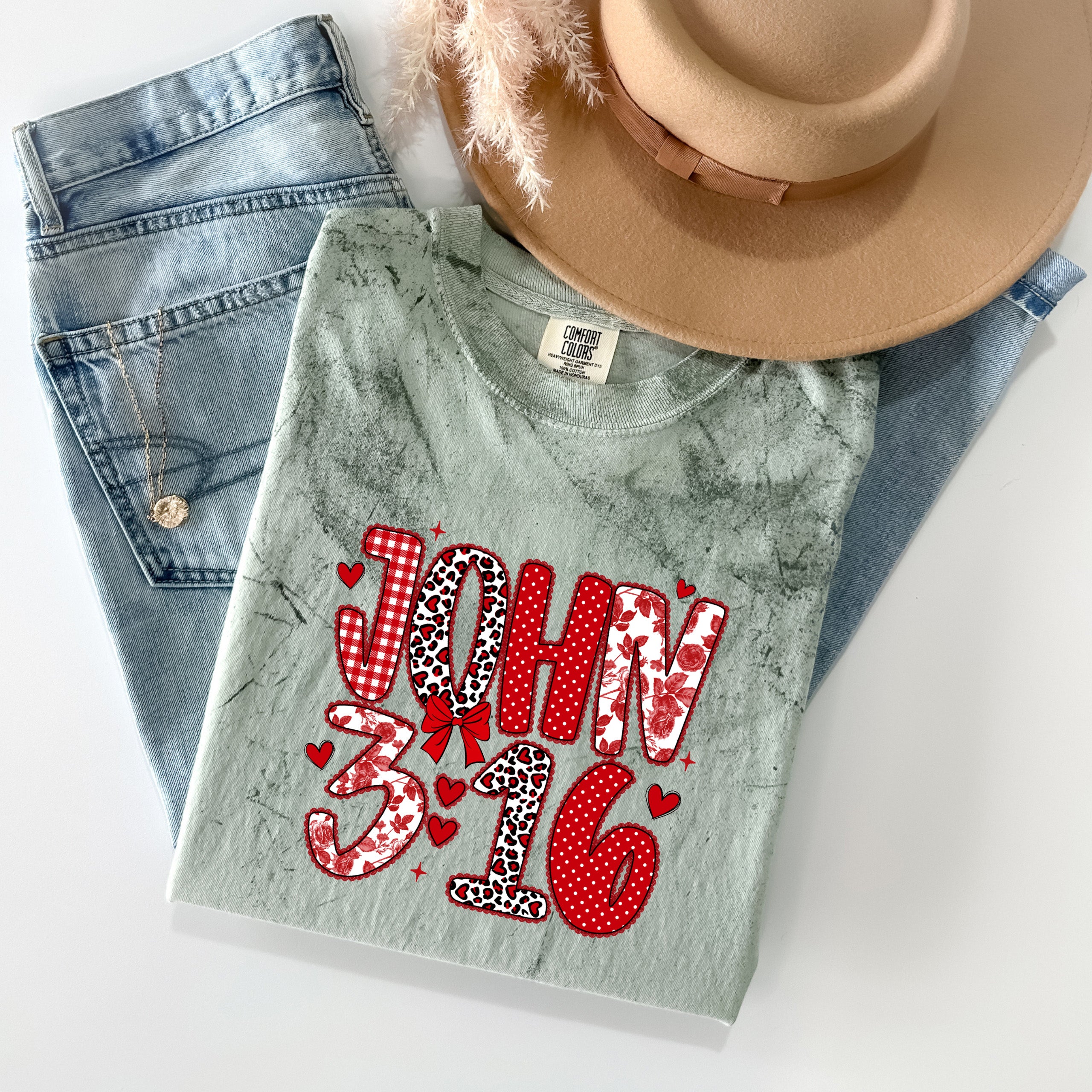 John 3:16 Christian Comfort Colors Garment Dyed T Shirt - Biblical Faith Graphic Tee (Valentine's day, Easter..)