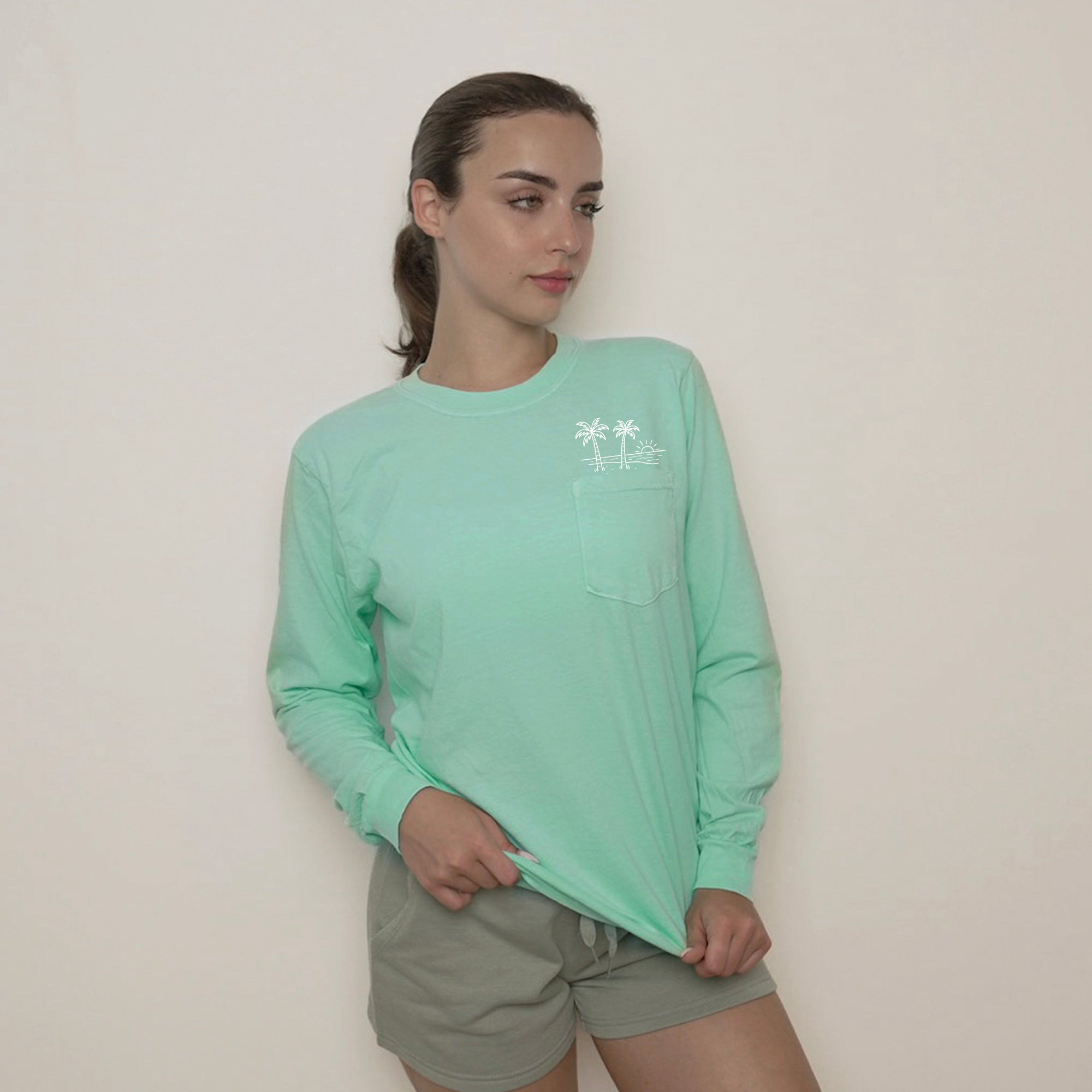 Comfort Colors Palm Tree Sun Wave Lake Beach Vacation Pocket Long Sleeve Shirt
