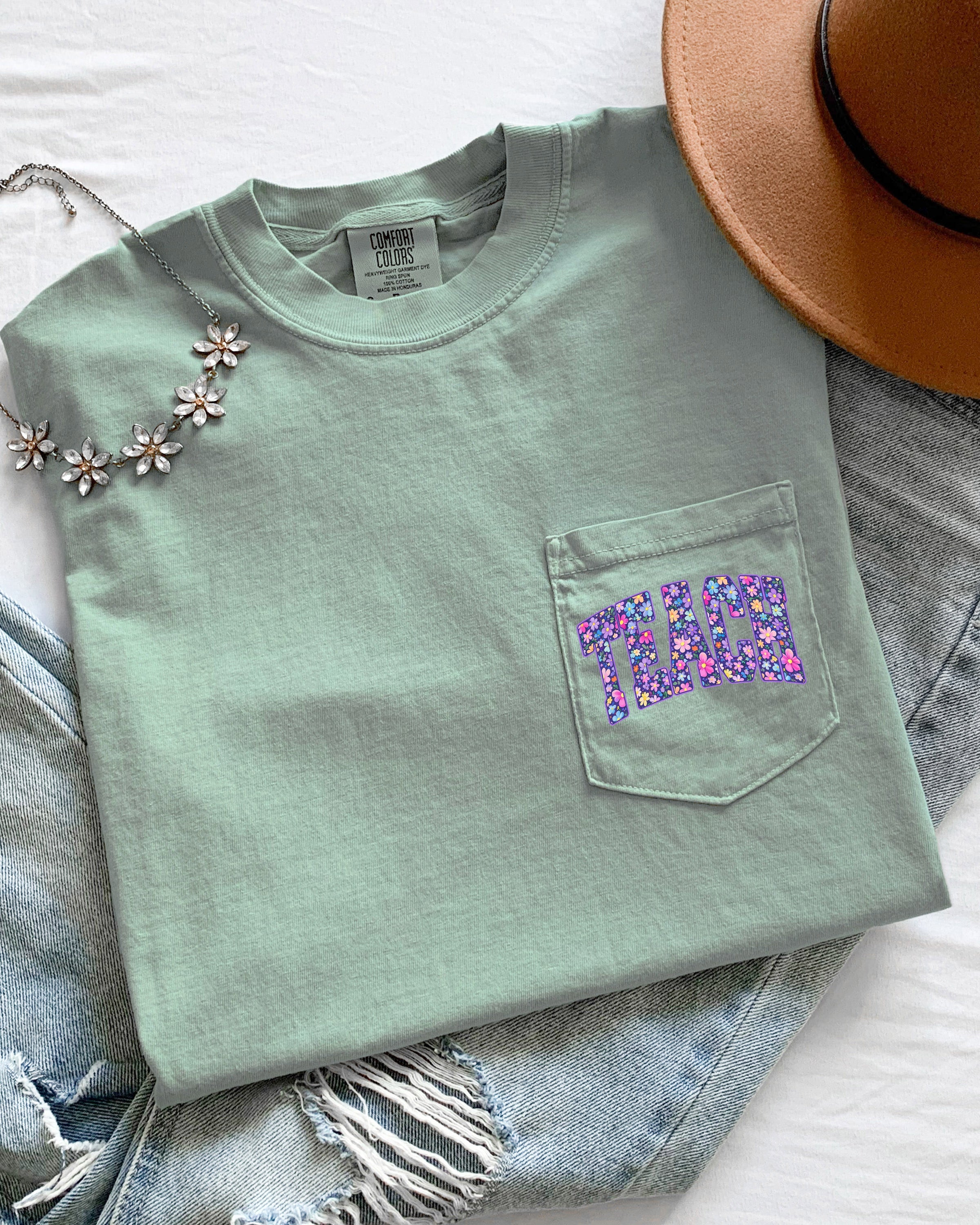 Teacher Teach back to school Comfort Colors Pocket T Shirt (Flower)