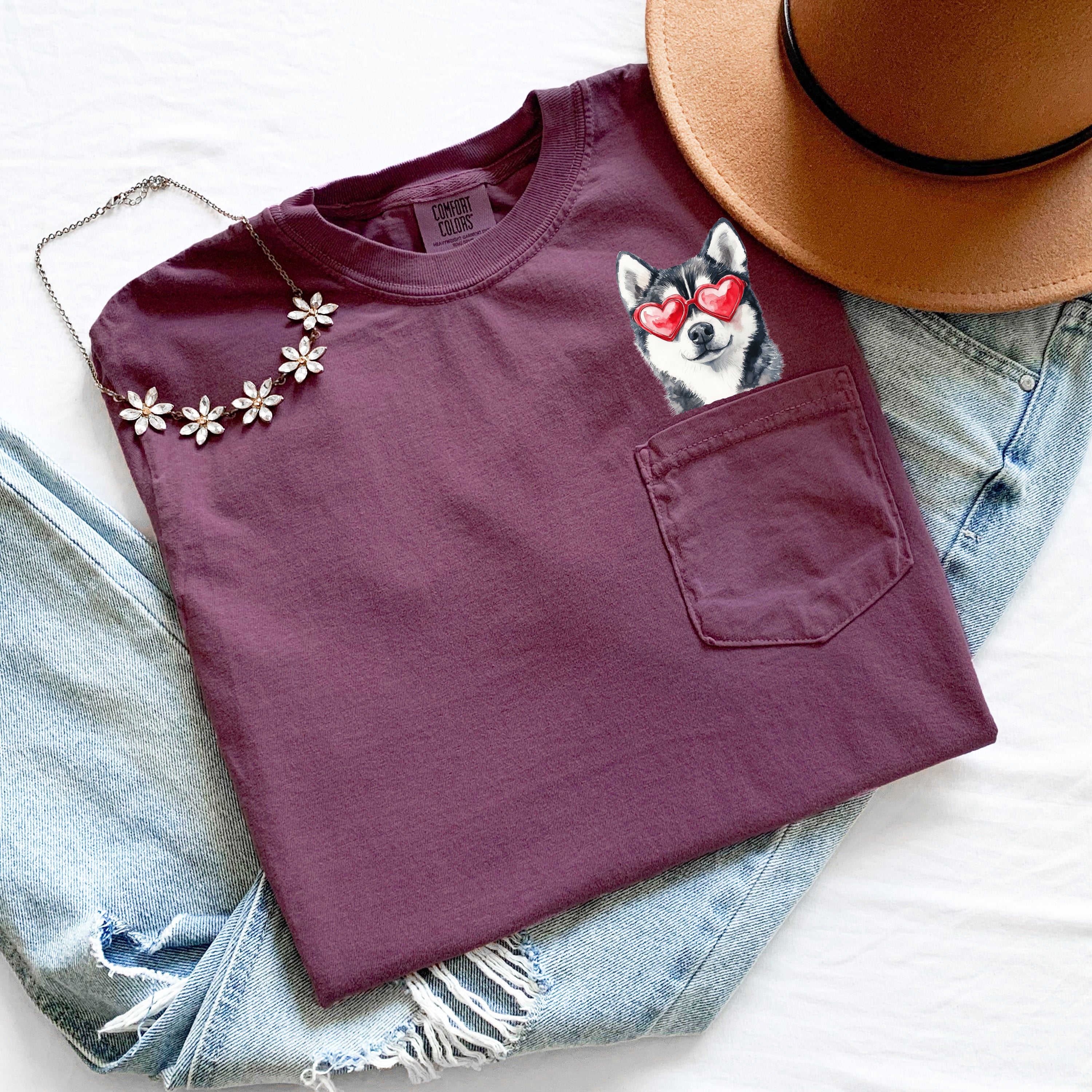 Husky Heart Glasses Dog Comfort Colors Pocket Unisex T Shirt