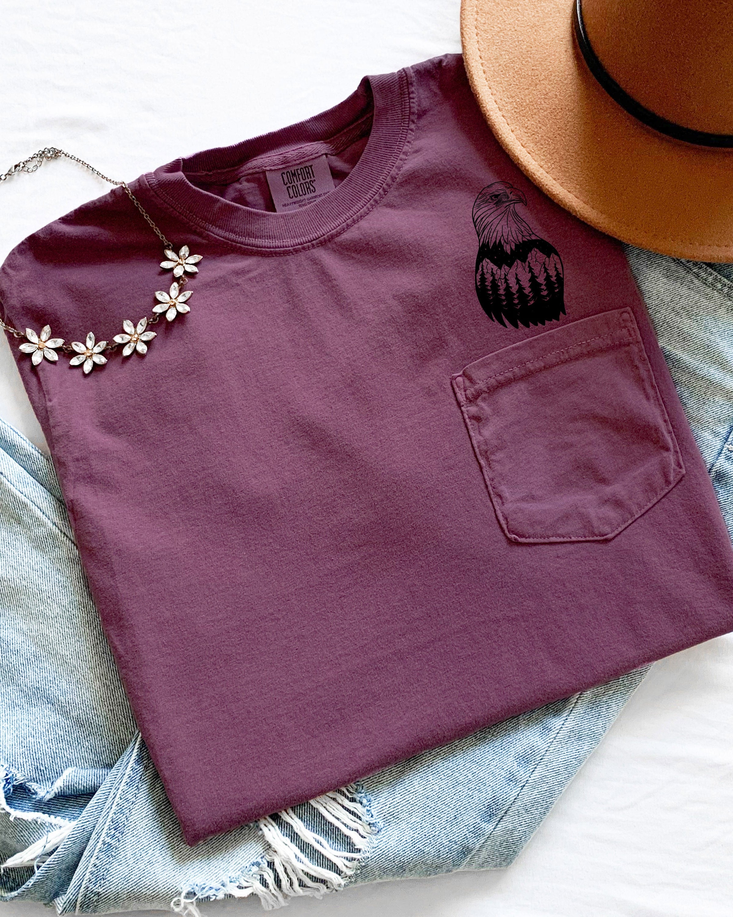 America Eagle Mountain Camping Nature 100% cotton Comfort Colors Pocket T-Shirt – Outdoor Graphic Tee