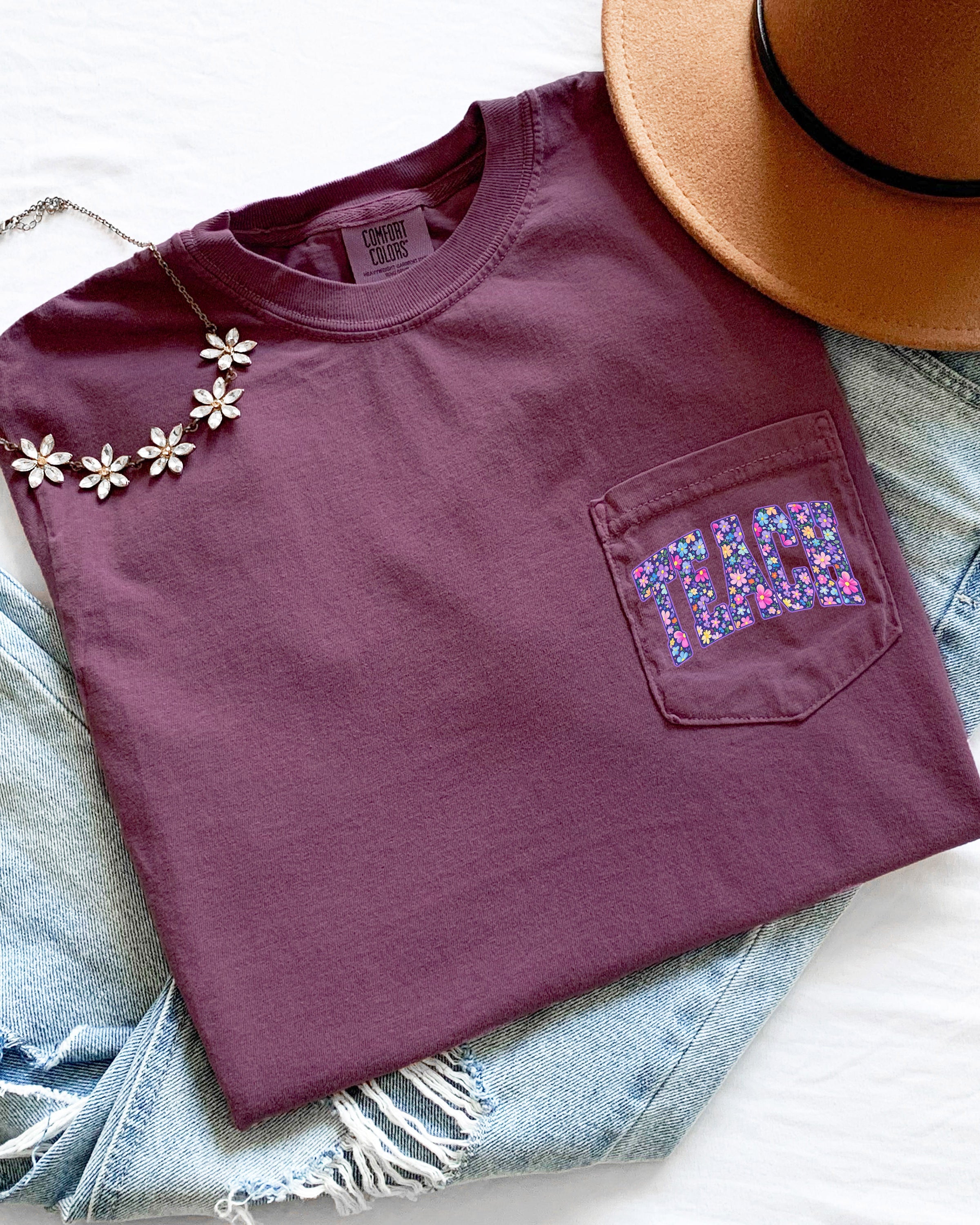 Teacher Teach back to school Comfort Colors Pocket T Shirt (Flower)