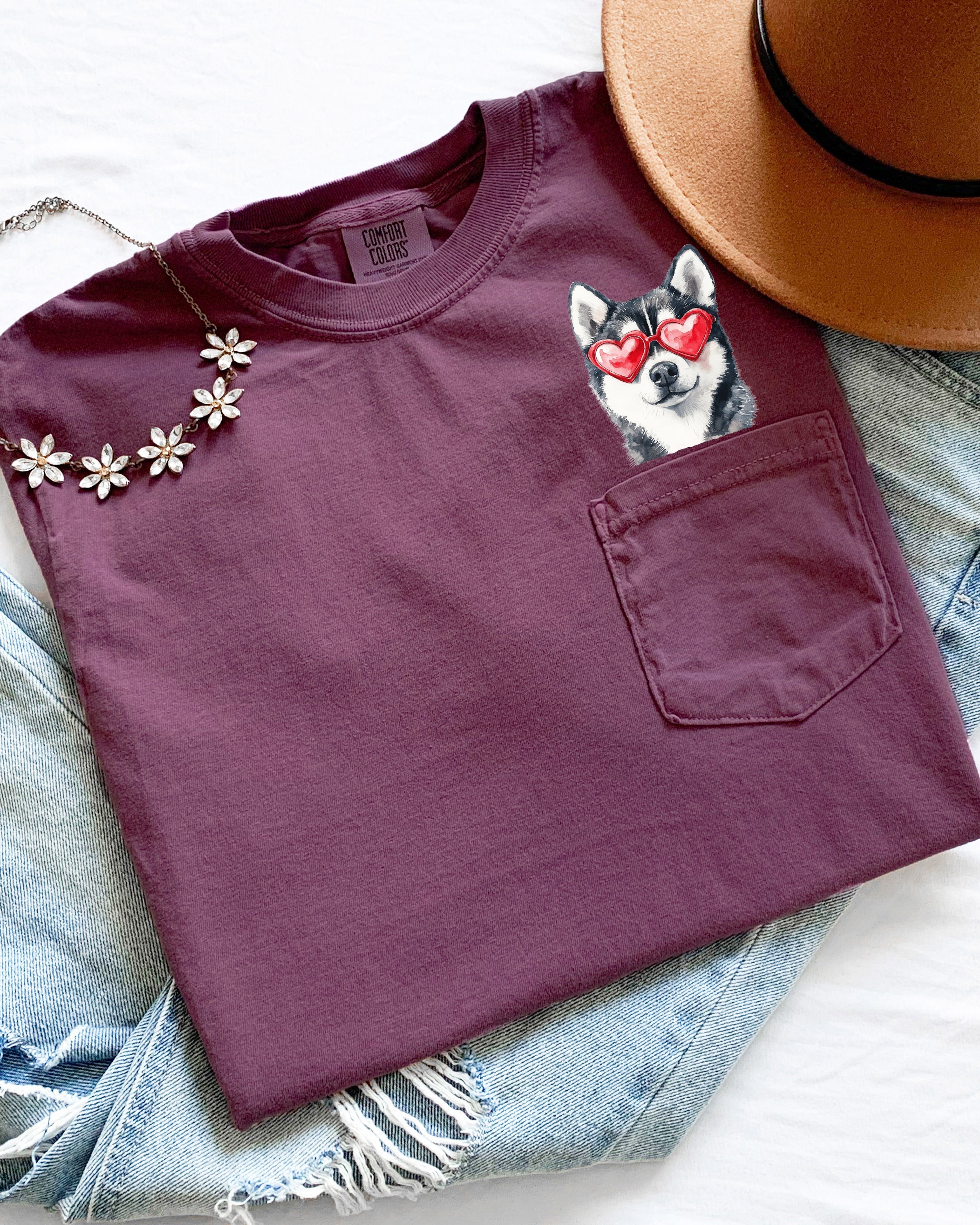 Husky Heart Glasses Dog Comfort Colors Pocket Unisex T Shirt
