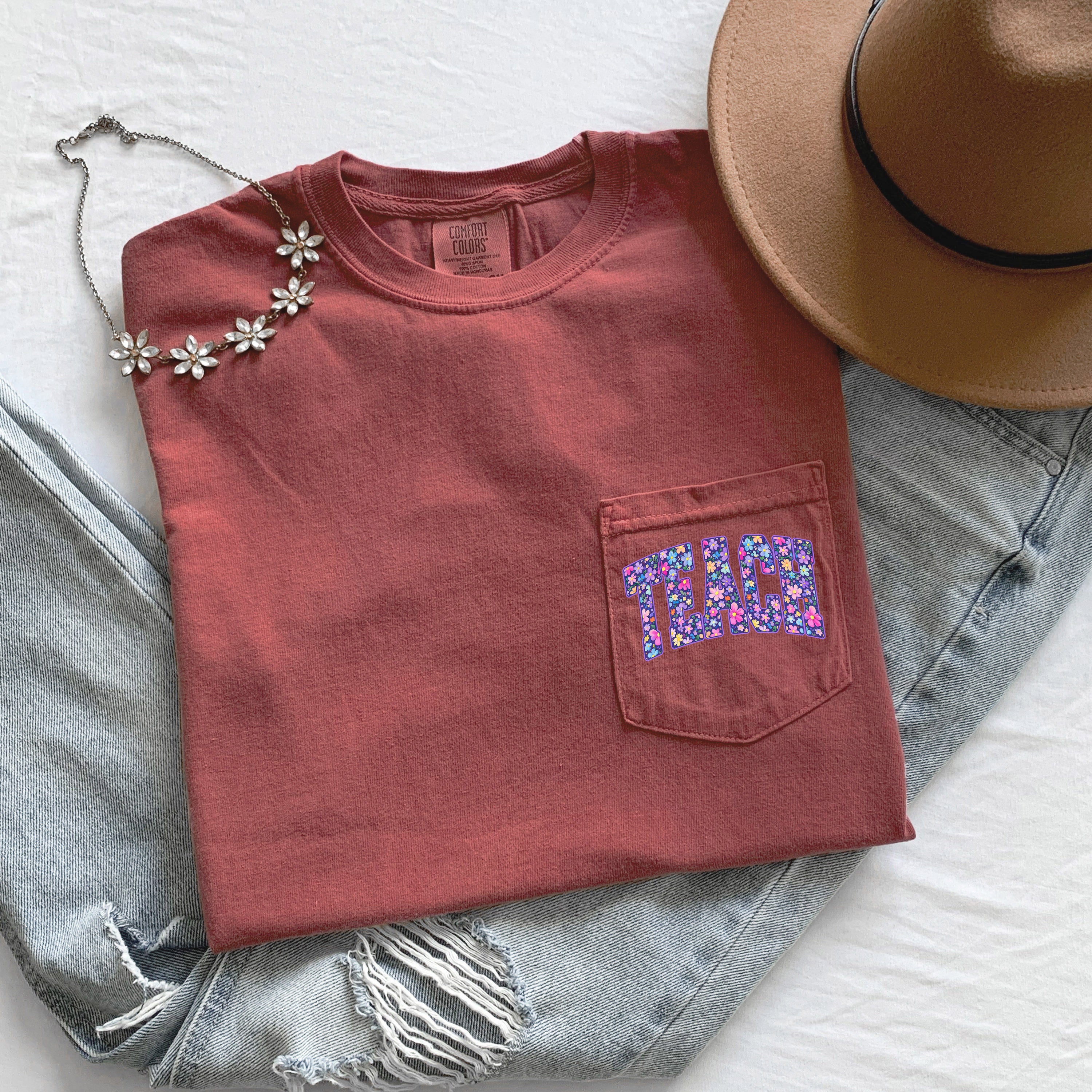 Teacher Teach back to school Comfort Colors Pocket T Shirt (Flower)