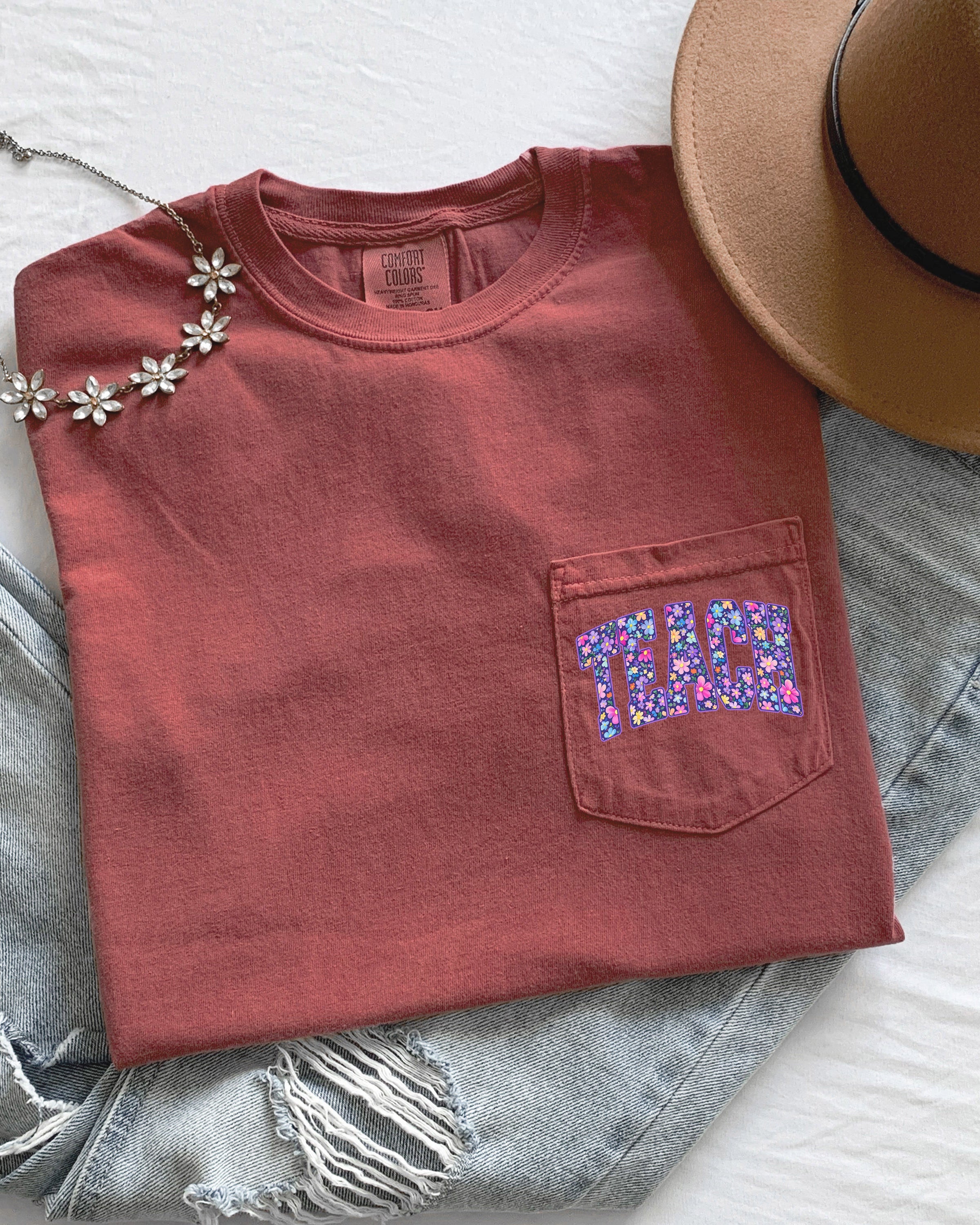 Teacher Teach back to school Comfort Colors Pocket T Shirt (Flower)