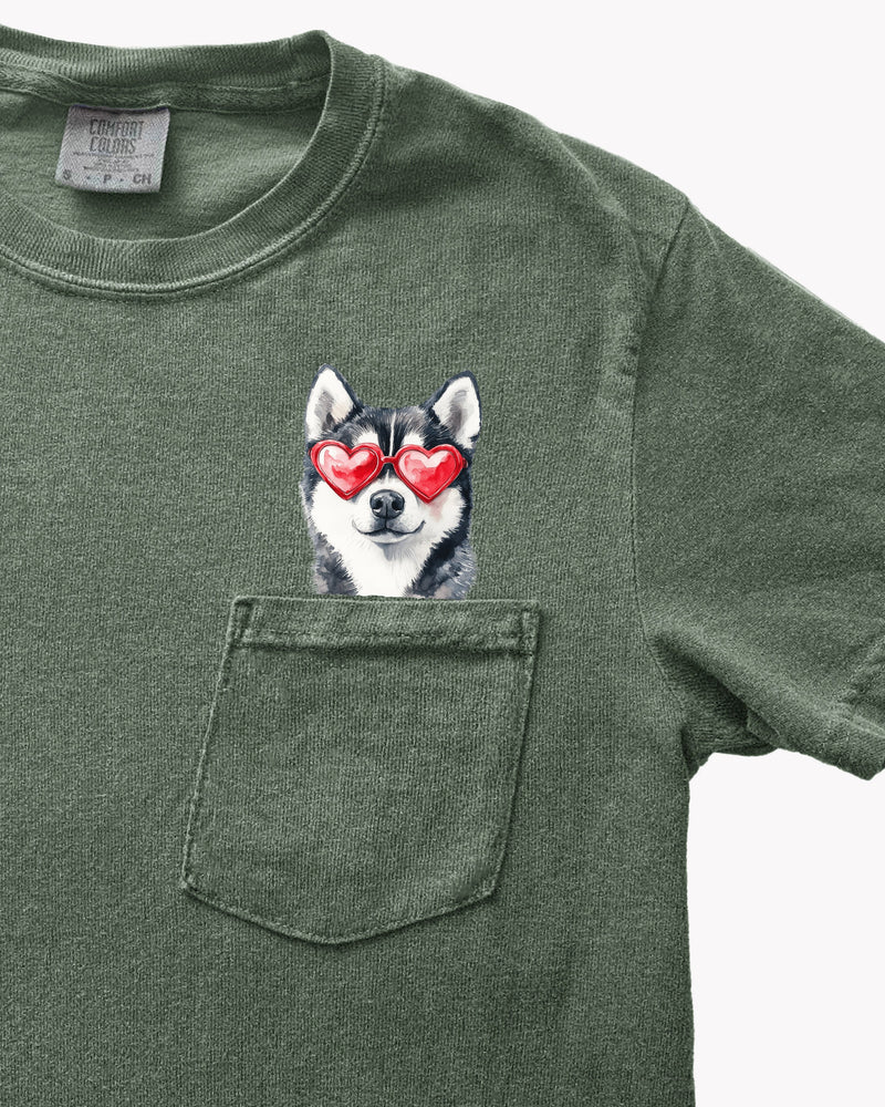 Husky Heart Glasses Dog Comfort Colors Pocket Unisex T Shirt