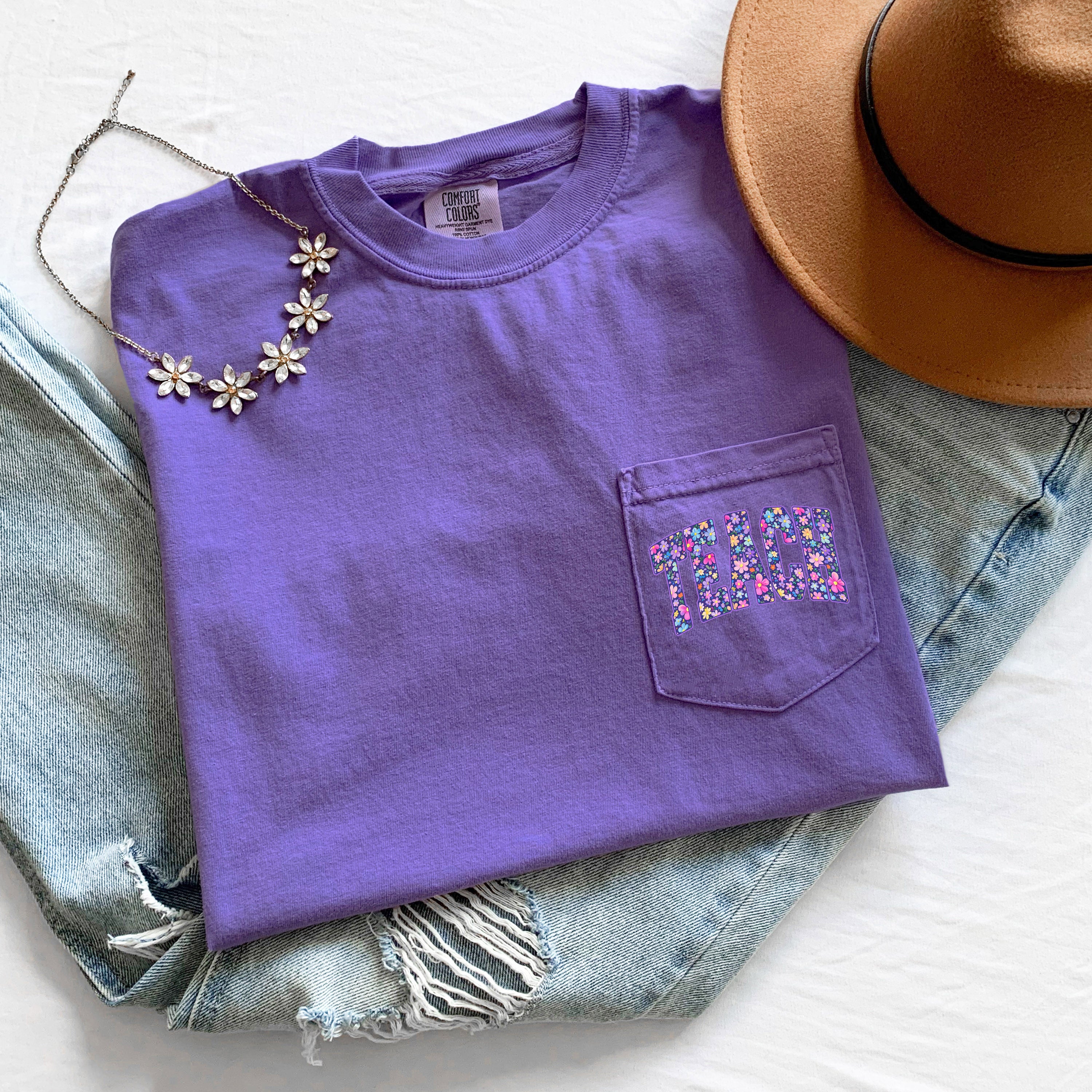 Teacher Teach back to school Comfort Colors Pocket T Shirt (Flower)