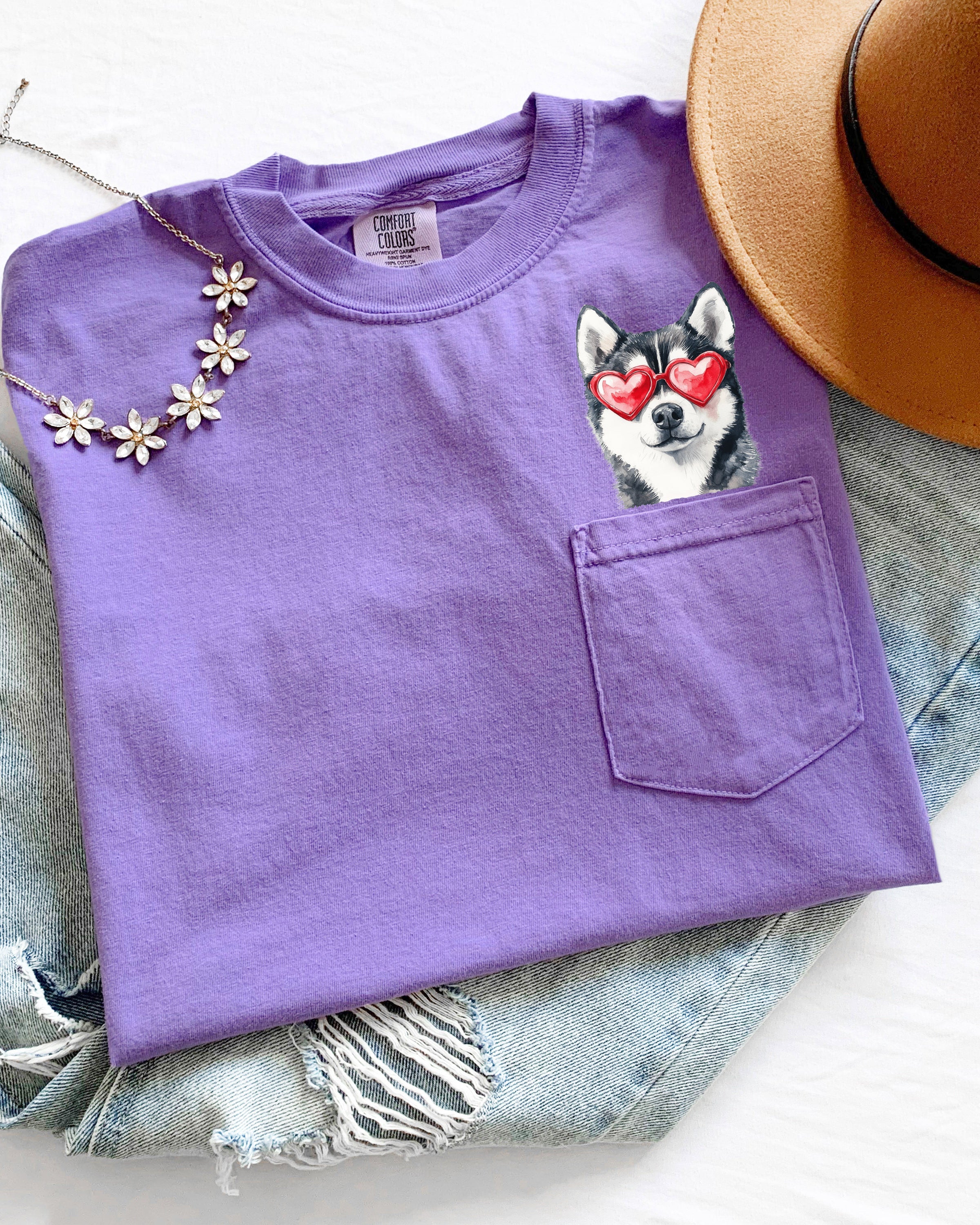 Husky Heart Glasses Dog Comfort Colors Pocket Unisex T Shirt