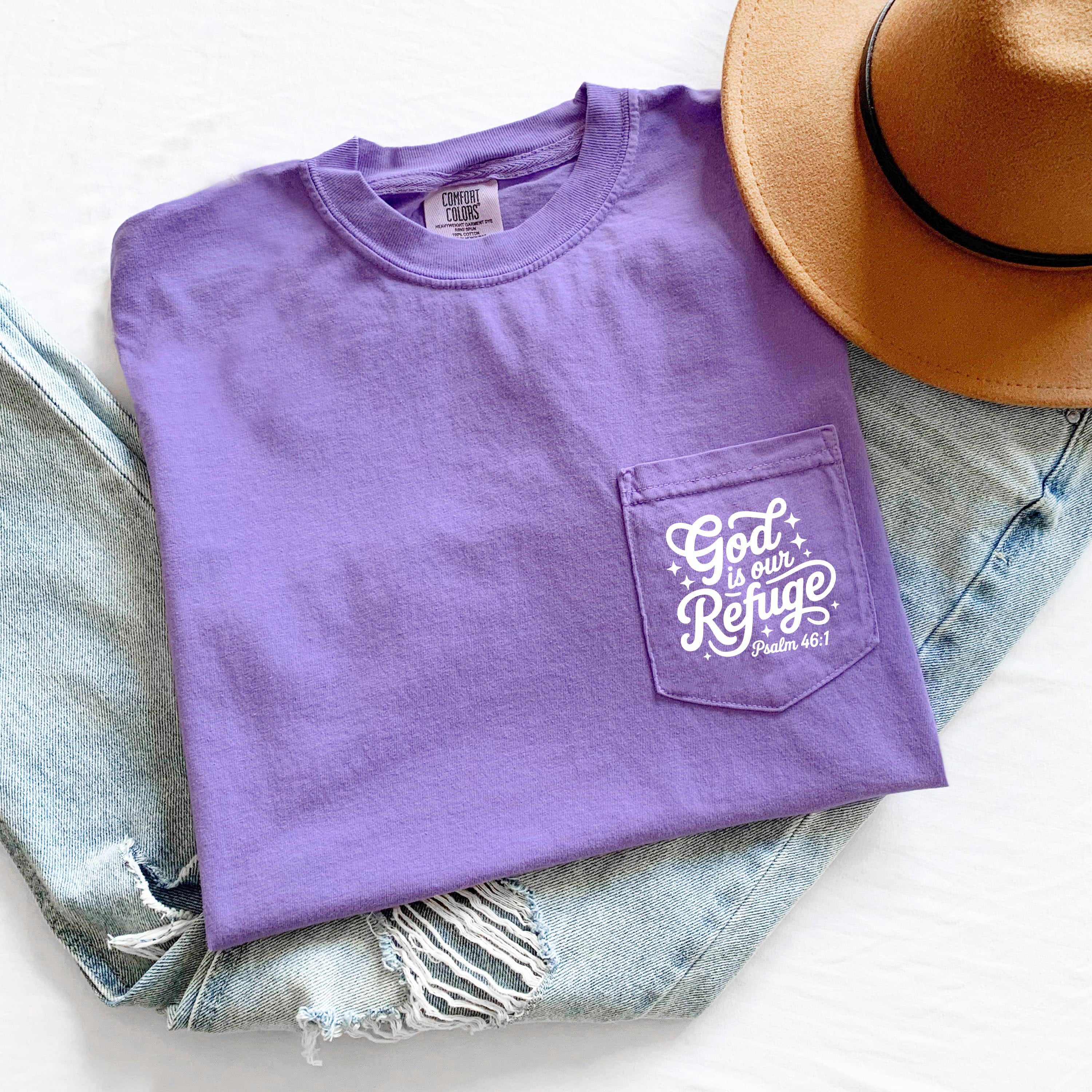 God is our Refuge Psalm Jesus Christian Comfort Colors Pocket T Shirt