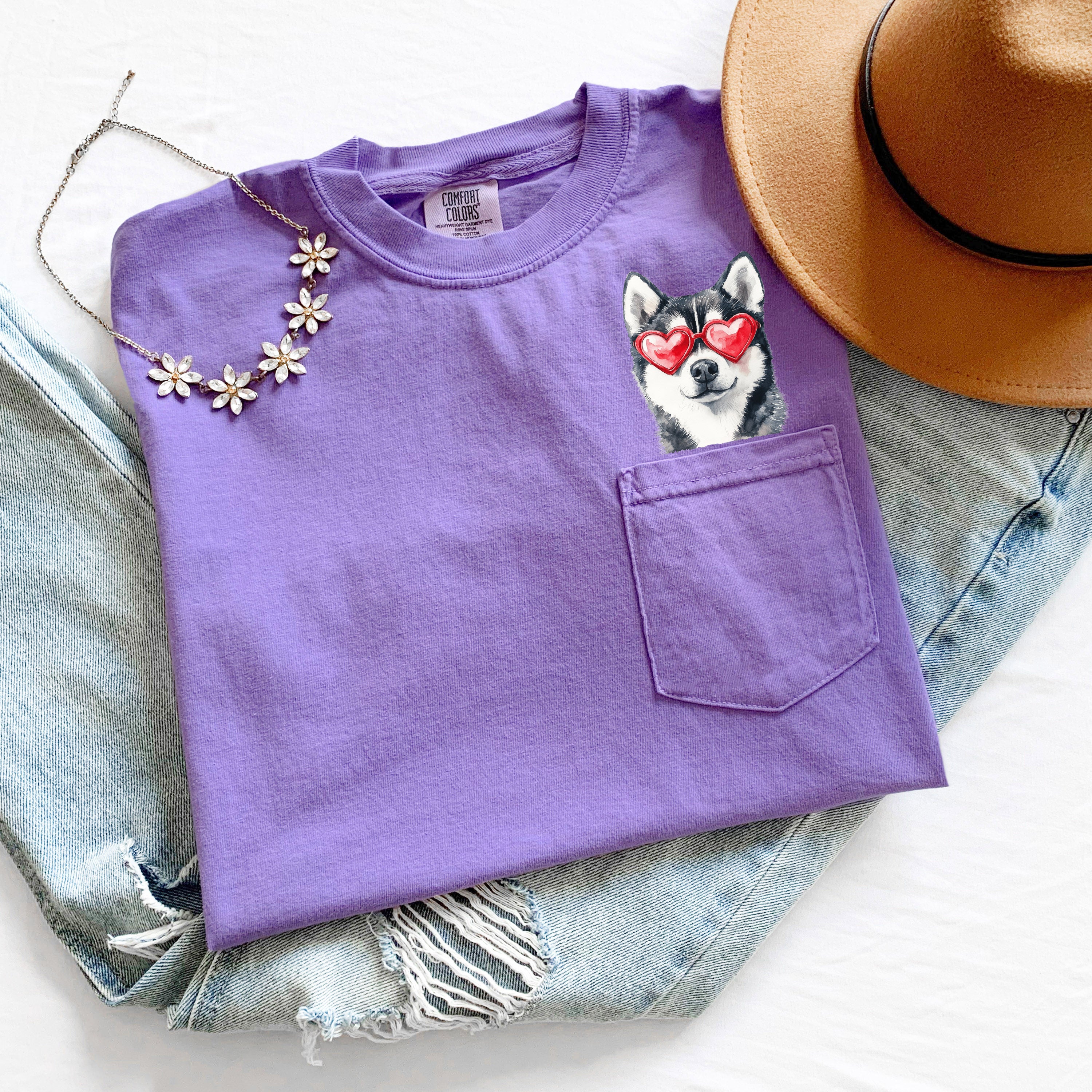 Husky Heart Glasses Dog Comfort Colors Pocket Unisex T Shirt