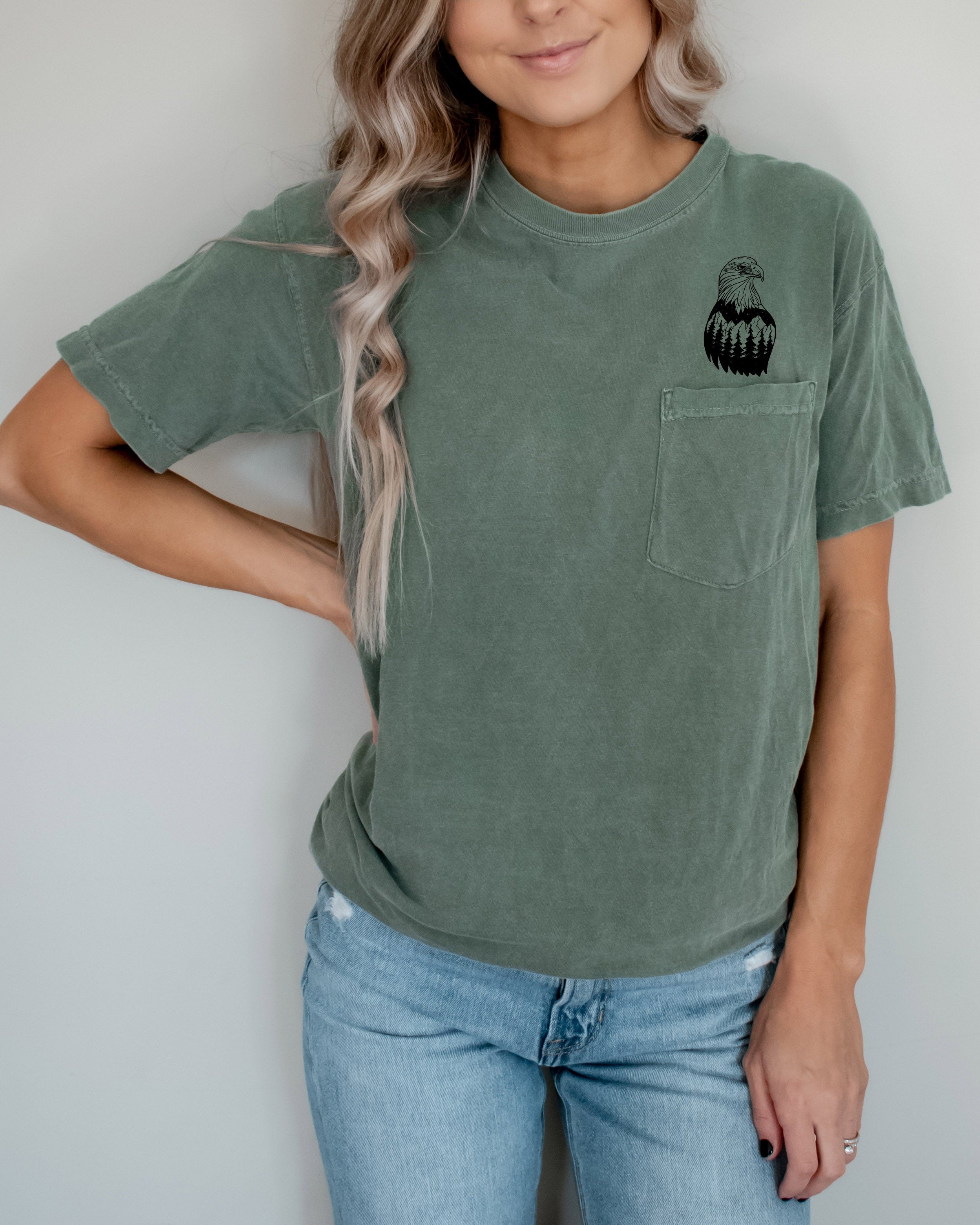 America Eagle Mountain Camping Nature 100% cotton Comfort Colors Pocket T-Shirt – Outdoor Graphic Tee