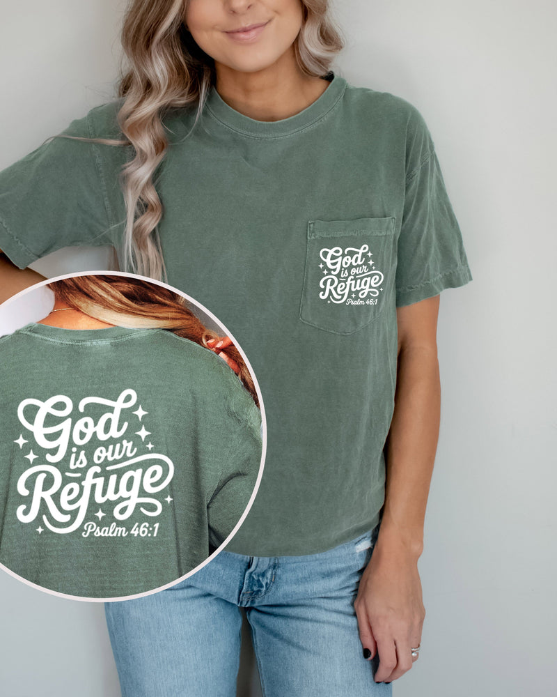 God is our Refuge Psalm Jesus Christian Comfort Colors Pocket T Shirt