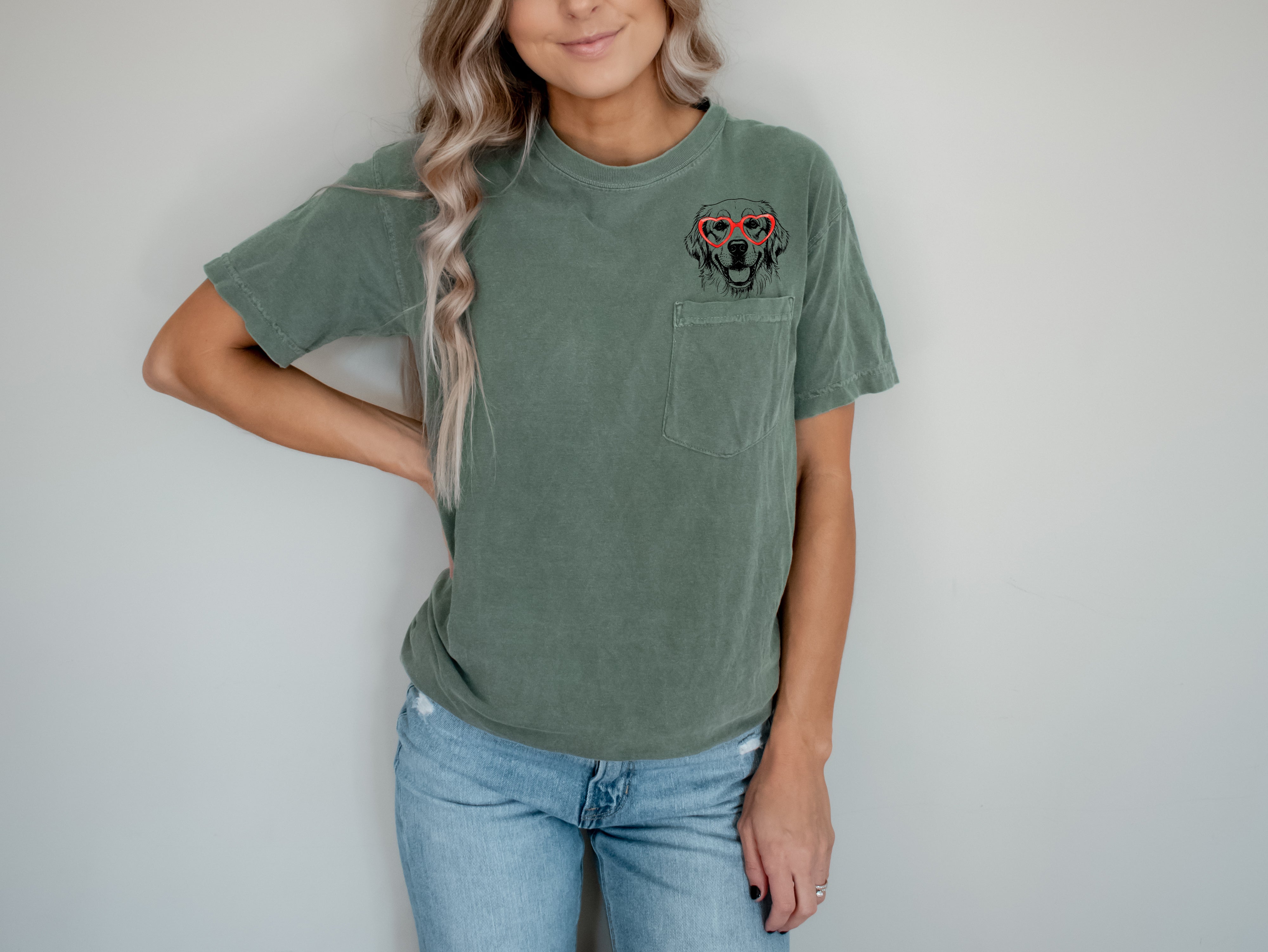 Golden Retriever Heart Glasses Dog Comfort Colors Pocket T Shirt