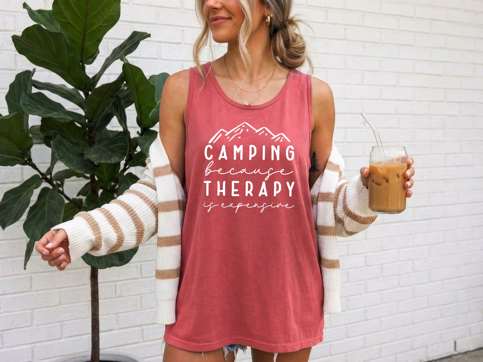 Camping Therapy Comfort Colors Tank Top – Mountain Hiking Camping Vacation Nature Lake Beach Graphic