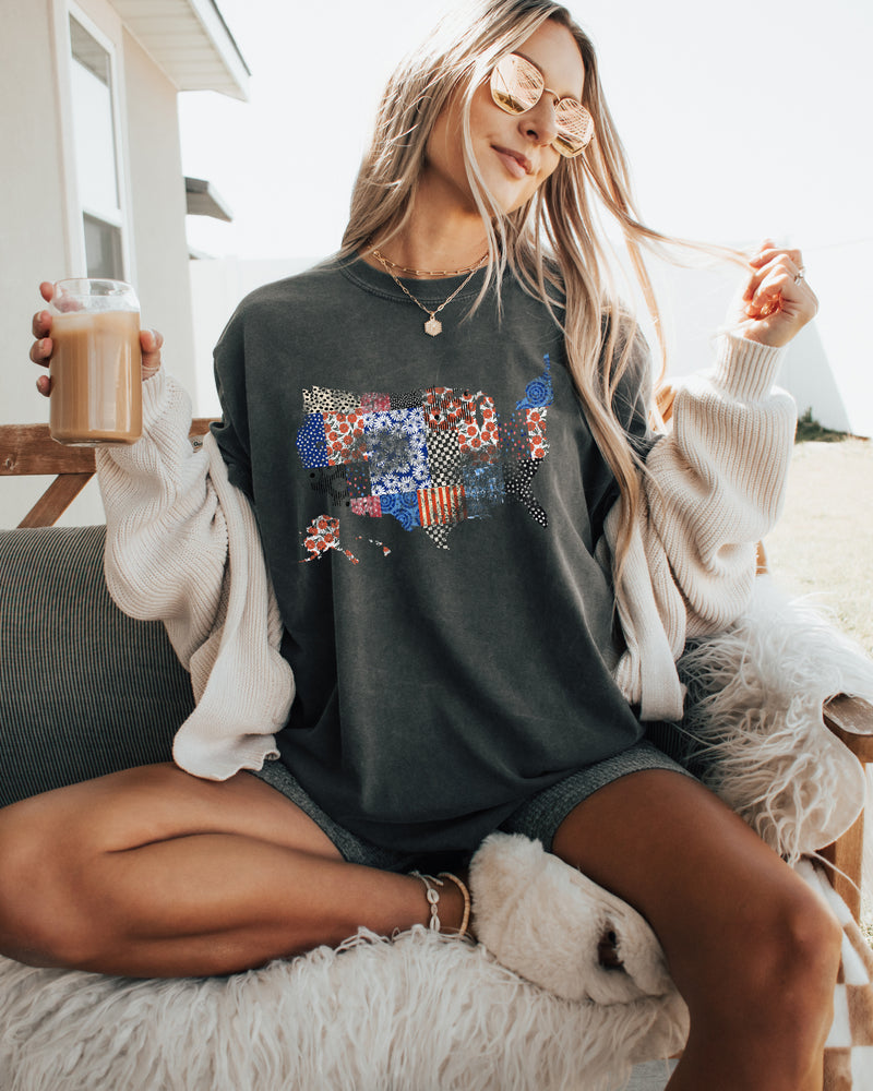 America map USA map Flag flower Garment Dyed T Shirt