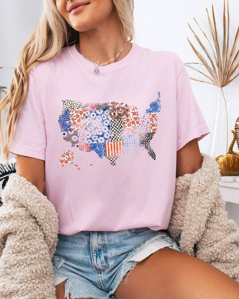 America map USA map Flag flower Garment Dyed T Shirt