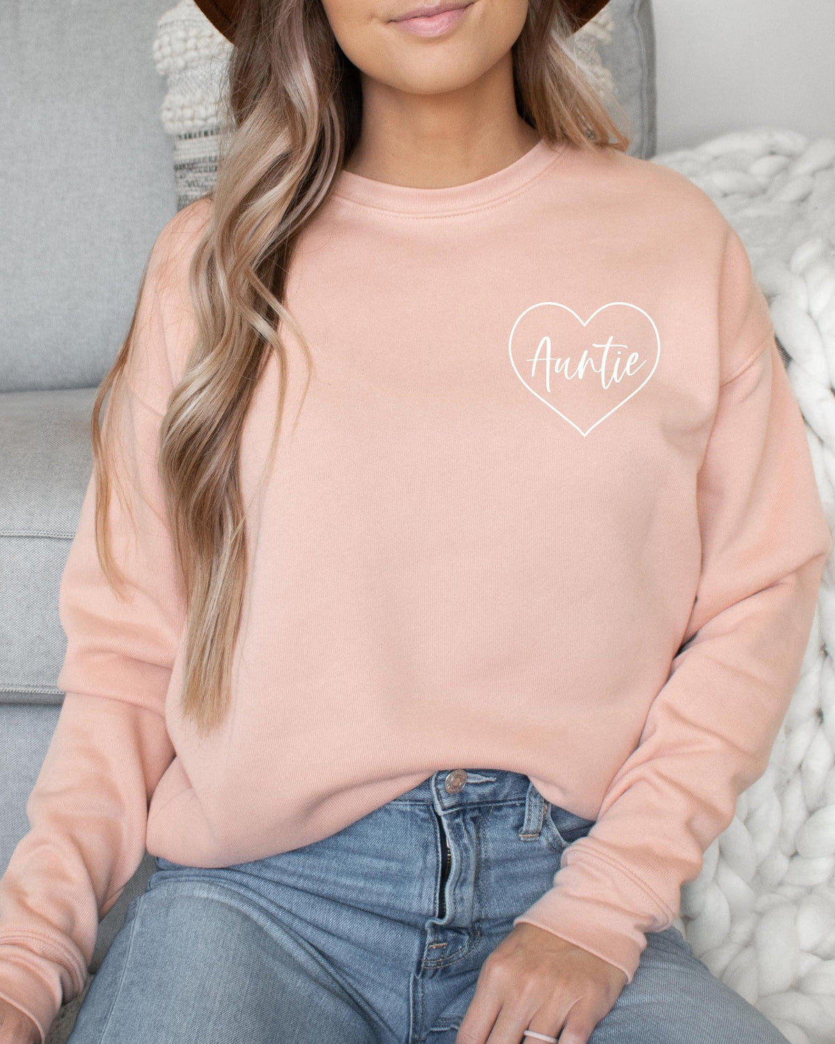 Auntie Heart Around Drop Shoulder Sponge Fleece Crewneck Sweatshirt