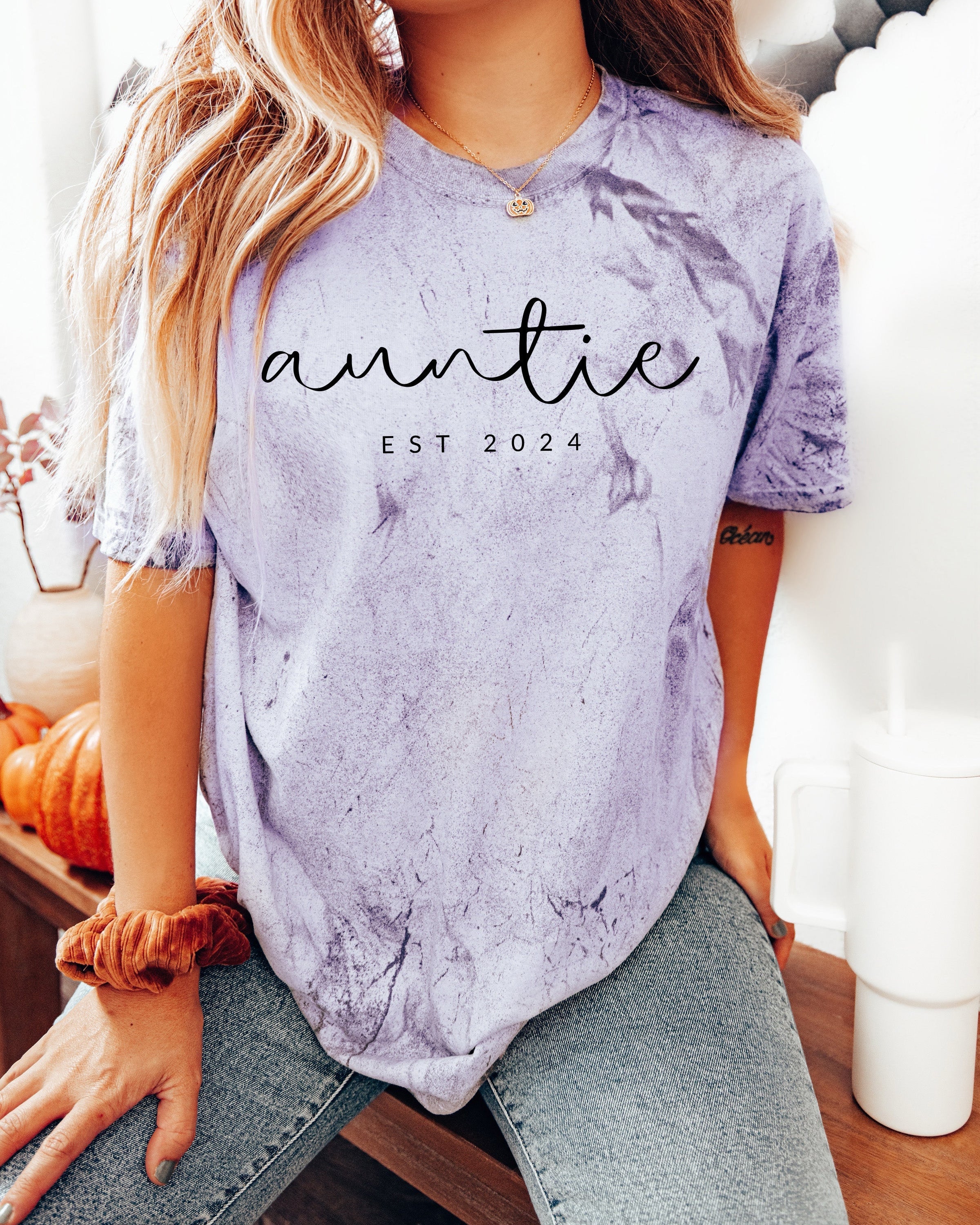 Auntie Personalized Est Year Comfort Colors Graphic Tees (Cursive)