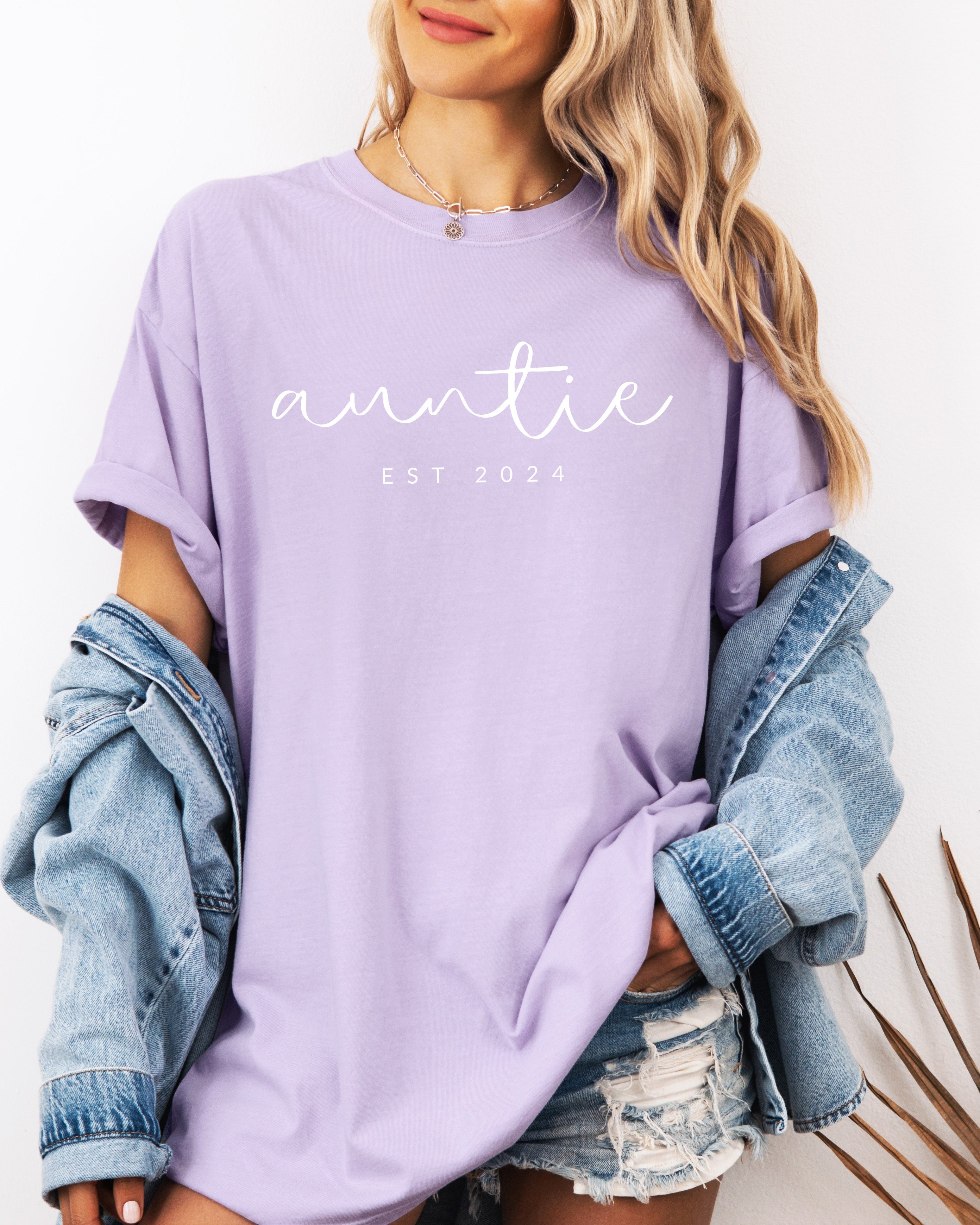 Auntie Personalized Est Year Comfort Colors Graphic Tees (Cursive)