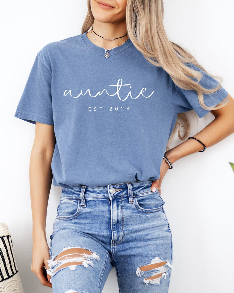 Auntie Personalized Est Year Comfort Colors Graphic Tees (Cursive)