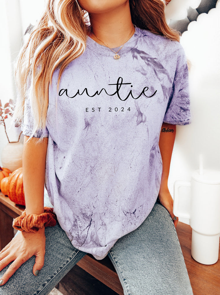 Auntie Personalized Est Year Comfort Colors T Shirt (Cursive)