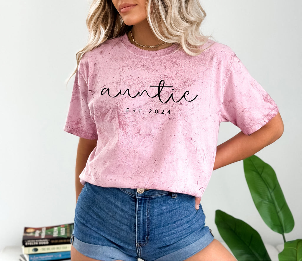 Auntie Personalized Est Year Comfort Colors T Shirt (Cursive)