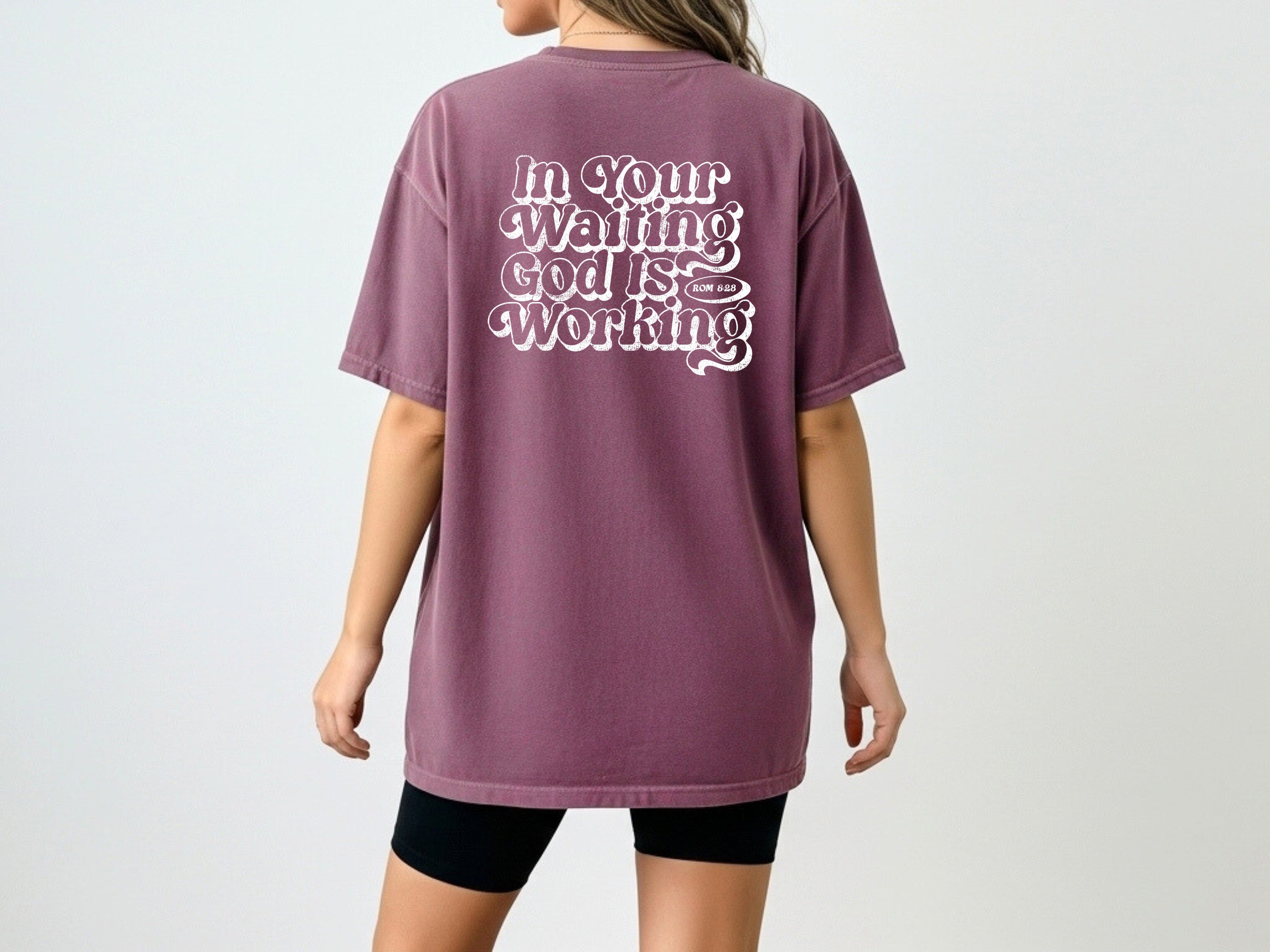 In the waiting God is working Comfort Colors T Shirt Religious Jesus Bible (Outlined Groovy)