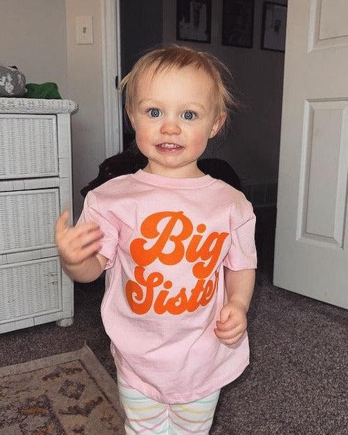 Big Sister Baby And Toddler Sibling T Shirt (Groovy Orange)
