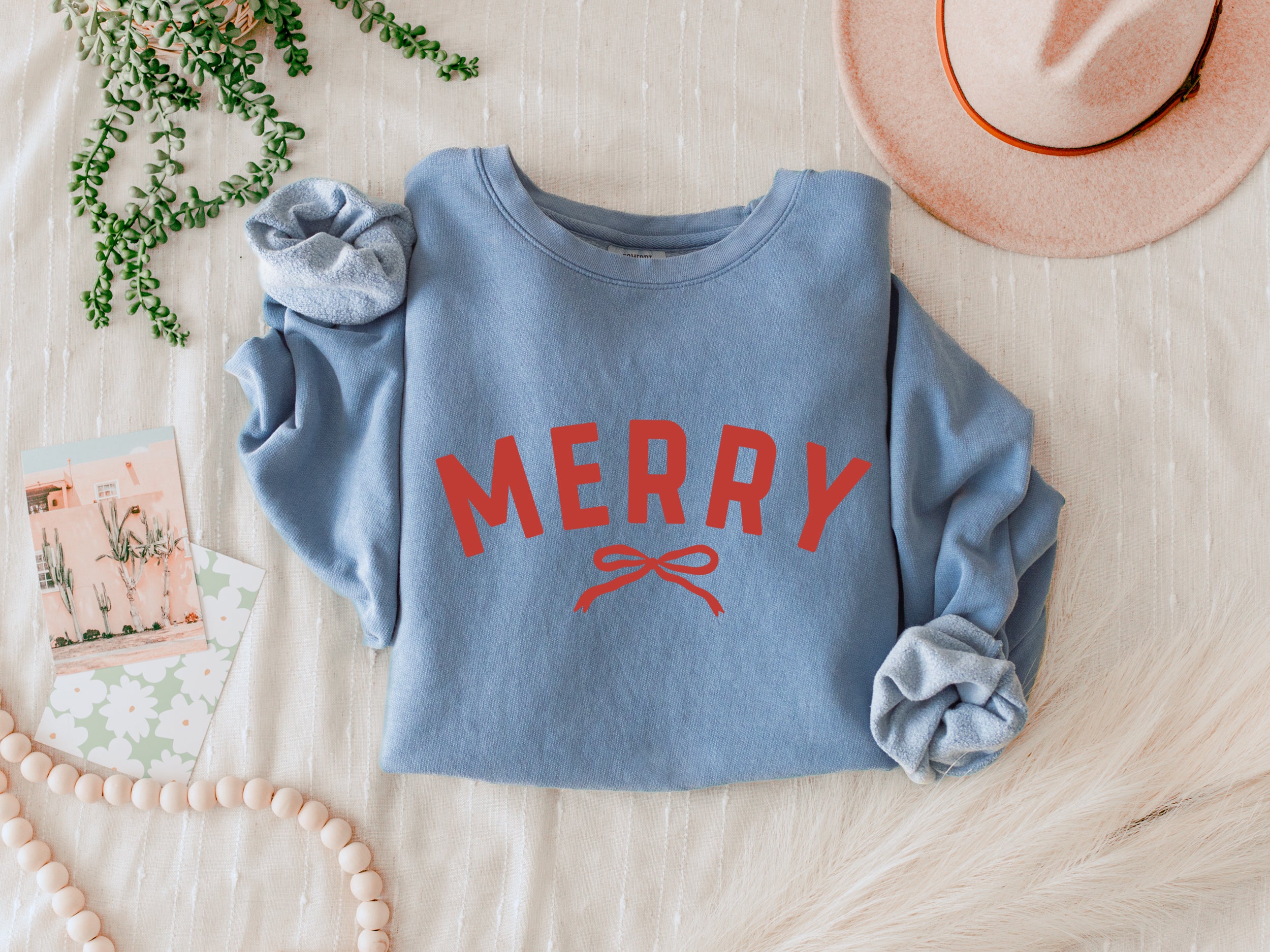 Merry Red Ribbon Christmas Merry Christmas Holiday Winter Fall Inspirational Garment Dyed Comfort Colors Sweatshirt
