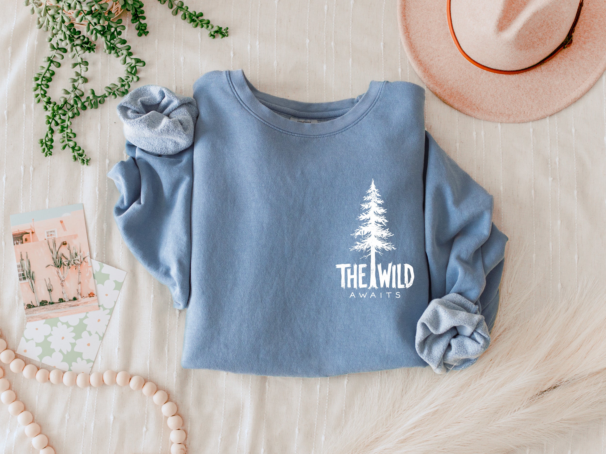 The Wild Awaits Mountain Nature Comfort Colors Garment-Dyed 100% Cotton Lightweight Sweatshirt – Camping & Hiking Outdoor Graphic