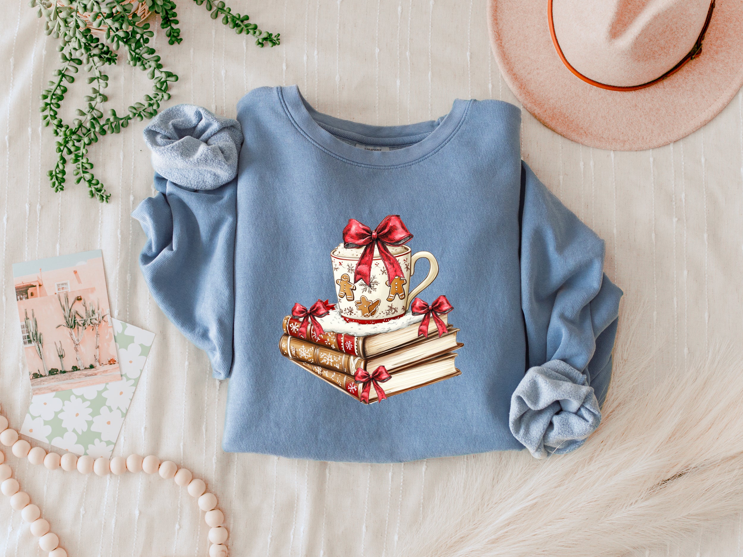 Merry Christmas Book Hot Chocolate Ginger Cookie Santa Holiday Winter Fall Inspirational Garment Dyed Comfort Colors Sweatshirt