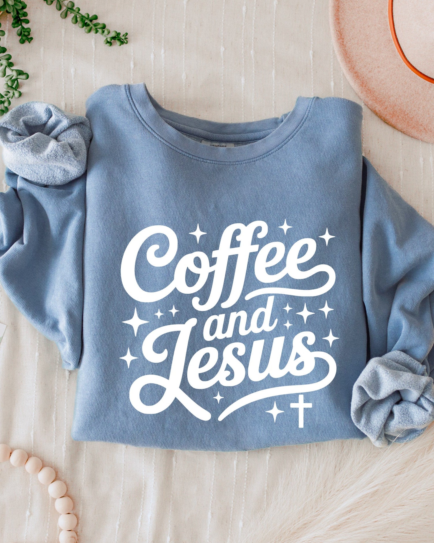 Coffee and Jesus Fall Autumn Garment Dyed Comfort Colors Sweatshirt (Groovy)