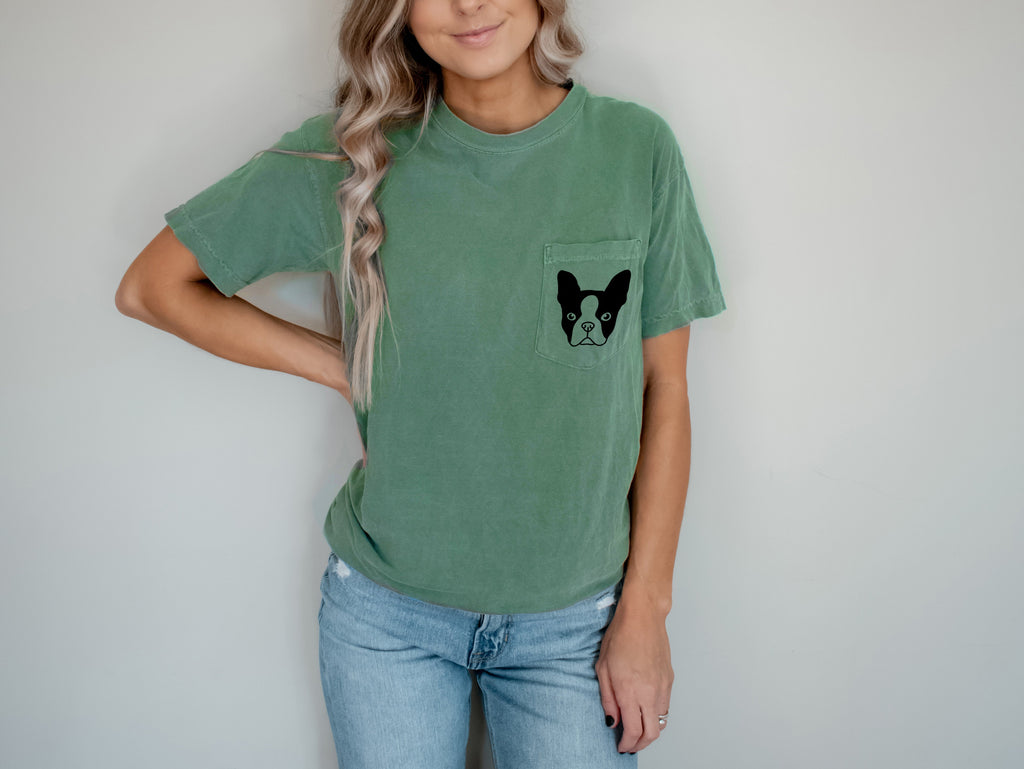 Boston Terrier Dog Mom Comfort Colors Pocket T Shirt
