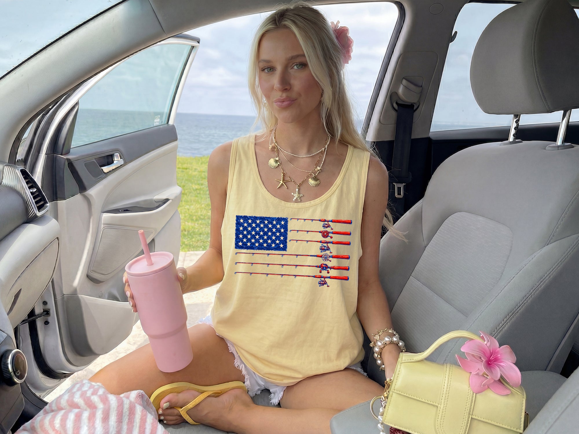 Comfort Colors Patriotic American flag Fishing USATank Top Women Unisex Gift for Dad 4th of July