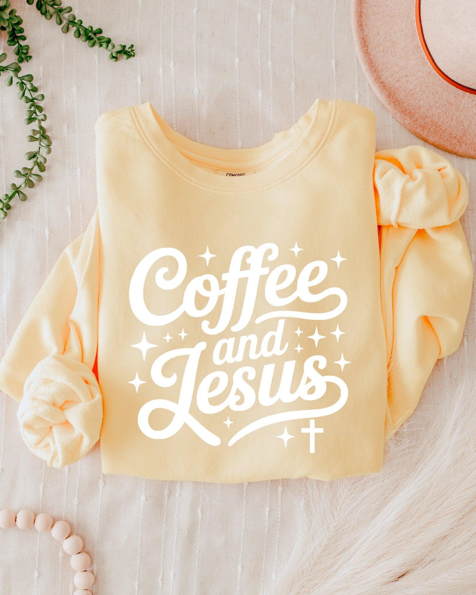 Coffee and Jesus Fall Autumn Garment Dyed Comfort Colors Sweatshirt (Groovy)