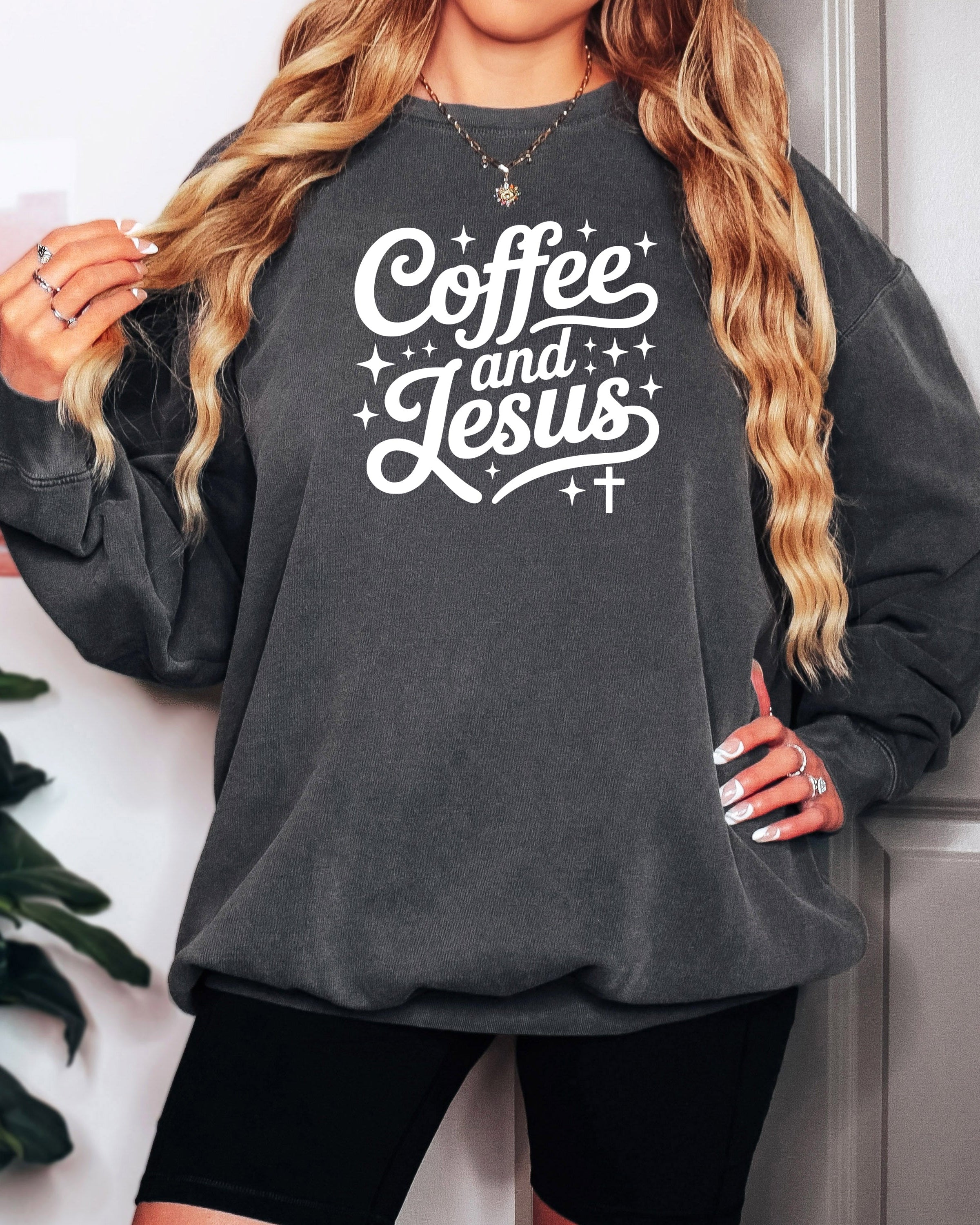 Coffee and Jesus Fall Autumn Garment Dyed Comfort Colors Sweatshirt (Groovy)