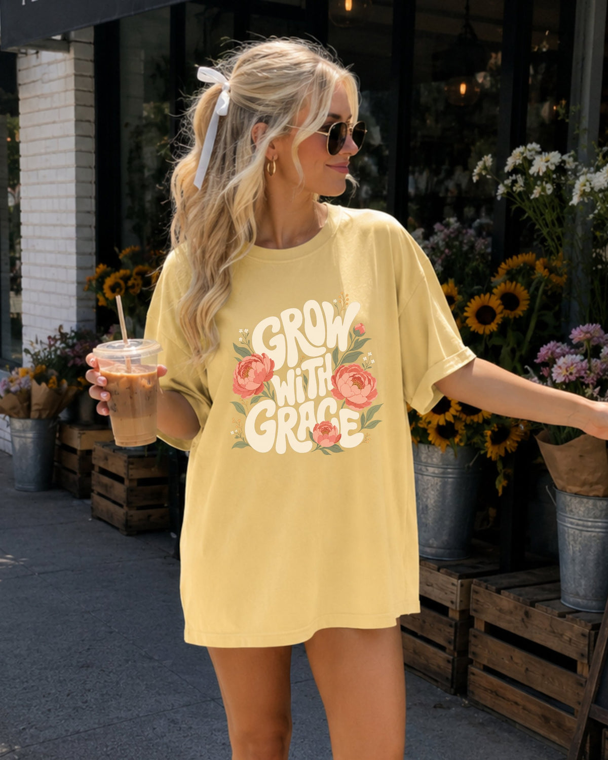 Grow With Grace Christian Flower Comfort Colors T-Shirt, Jesus Bible Gift