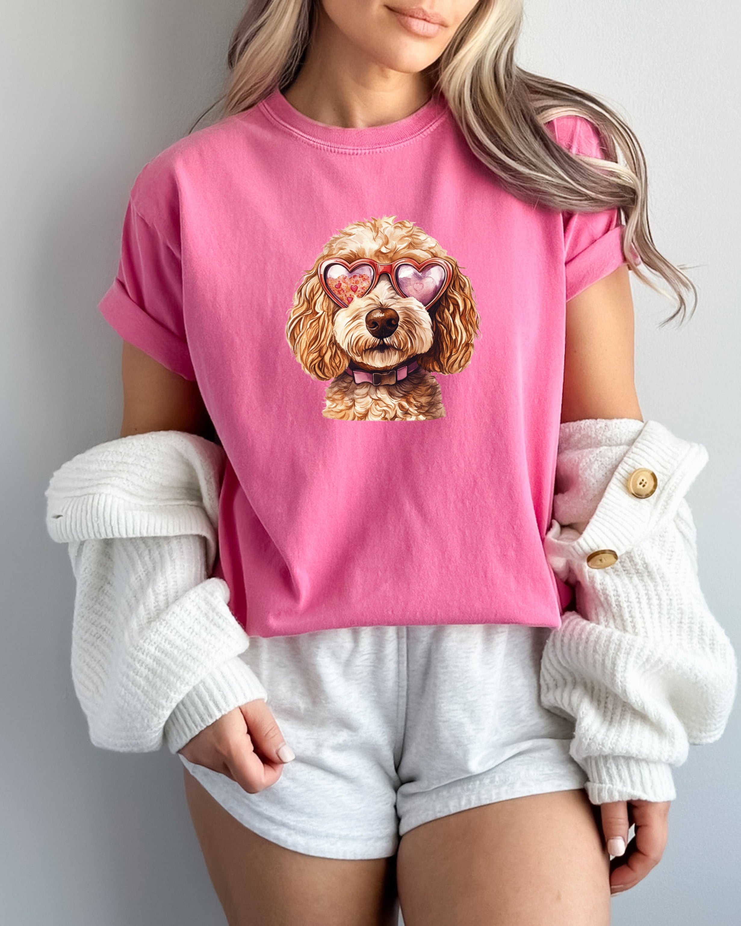 Golden Doodle Valentine's day Dog Mom Heart Comfort Colors Garment Dyed T Shirt (glasses)