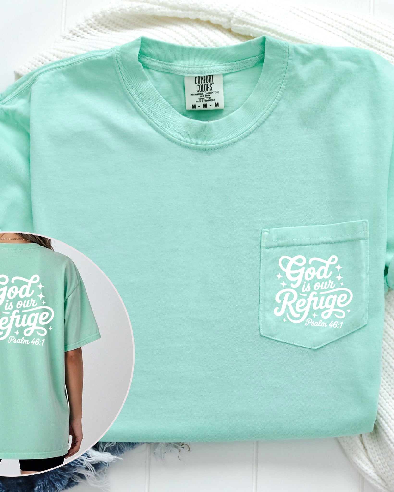God is our Refuge Psalm Jesus Christian Comfort Colors Pocket T Shirt