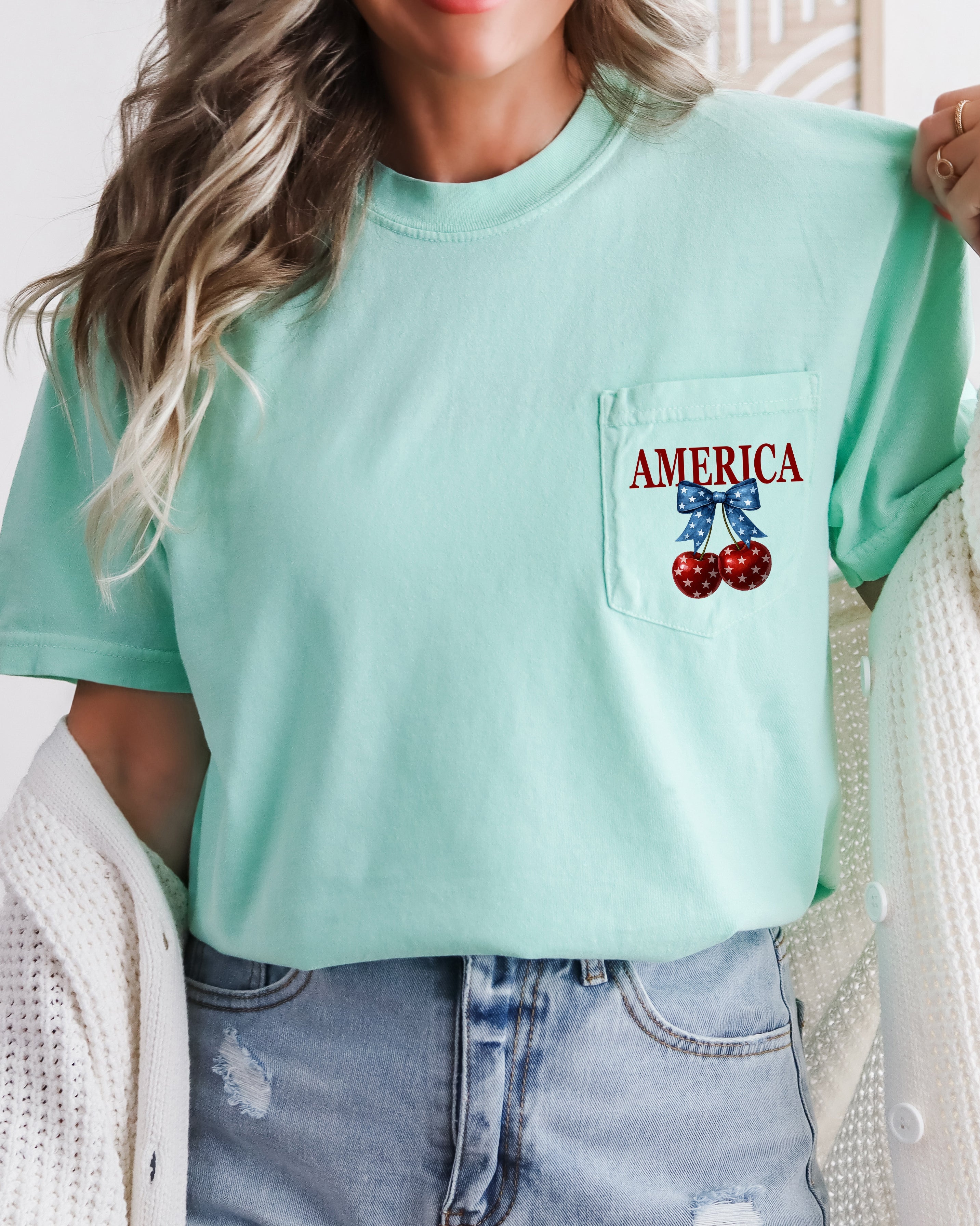 American Flag USA Cherry Comfort Colors Pocket T-Shirt – Independence Day & Memorial Day Patriotic Veterans