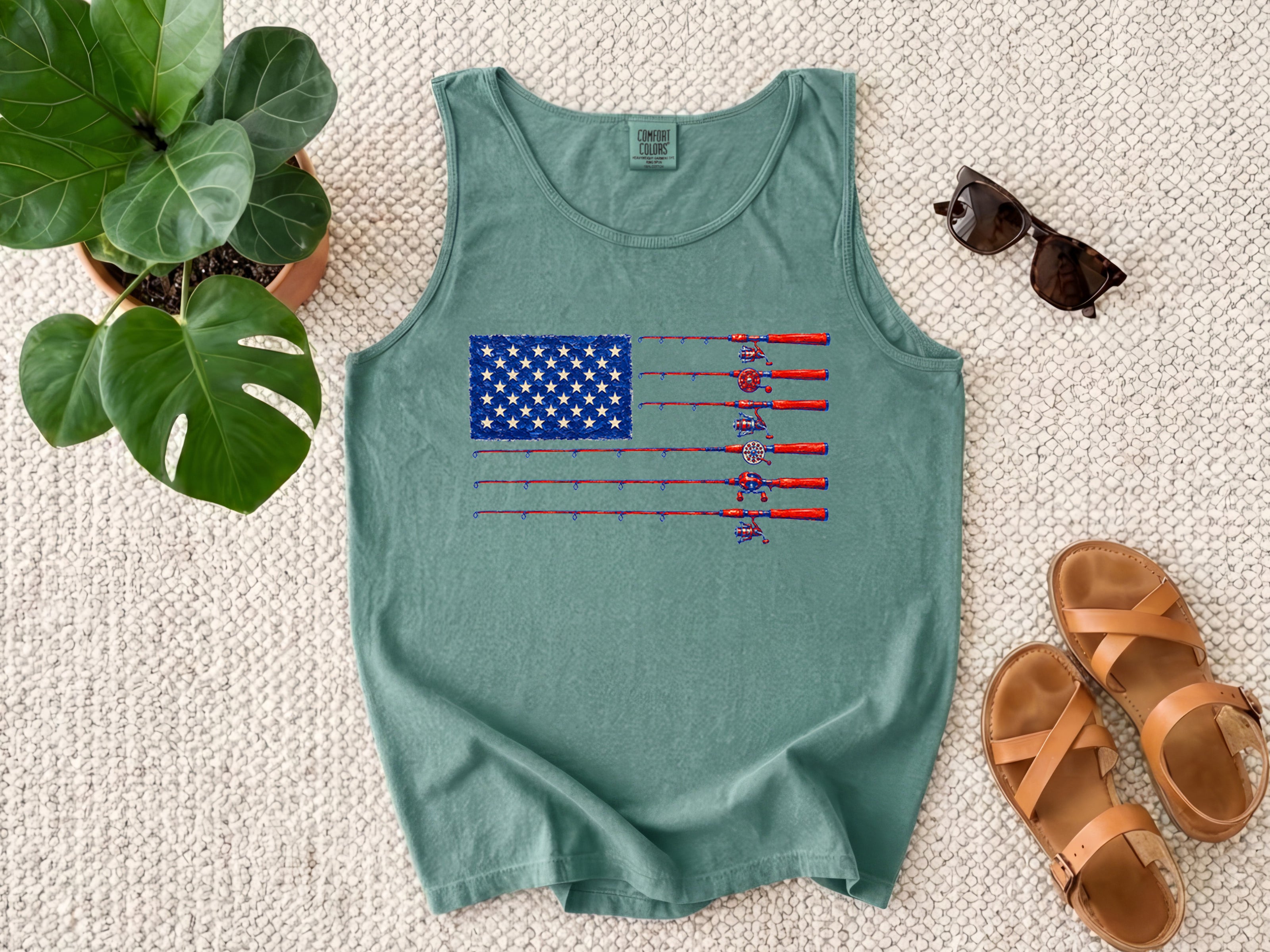 Comfort Colors Patriotic American flag Fishing USATank Top Women Unisex Gift for Dad 4th of July