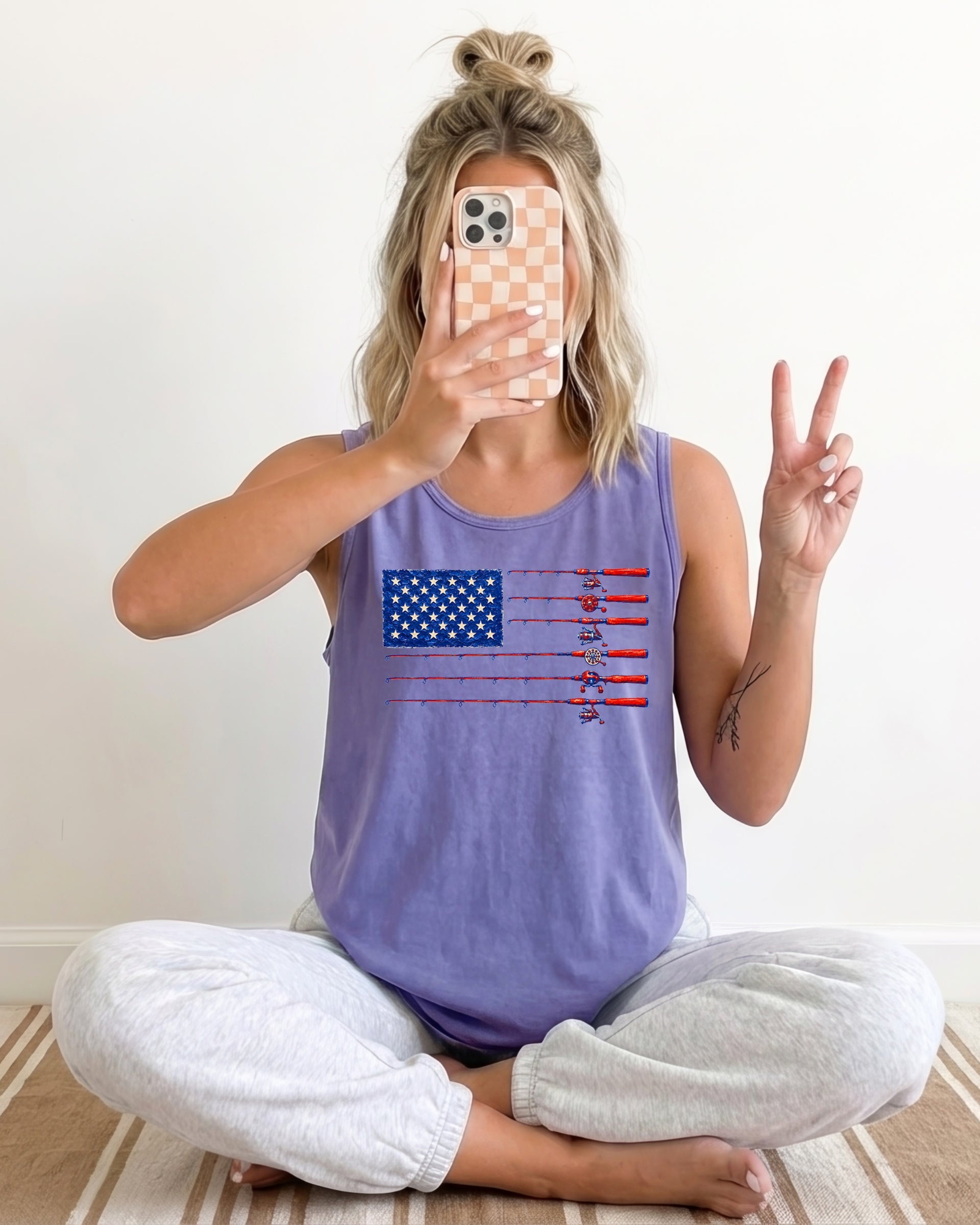 Comfort Colors Patriotic American flag Fishing USATank Top Women Unisex Gift for Dad 4th of July