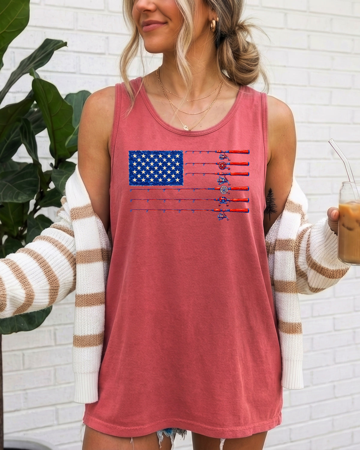 Comfort Colors Patriotic American flag Fishing USATank Top Women Unisex Gift for Dad 4th of July