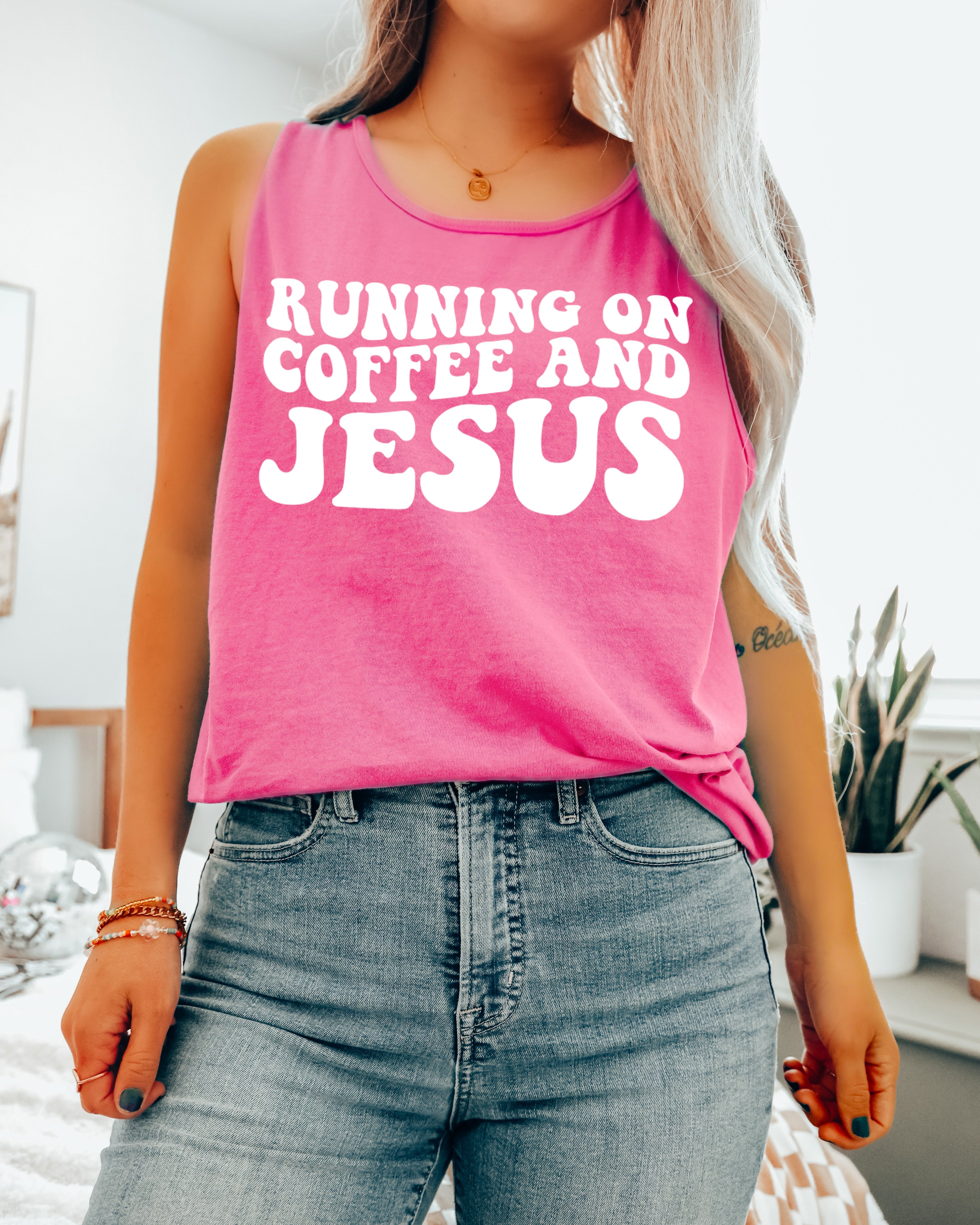 Running on Coffee and Jesus Comfort Colors Tank Top (Groovy)