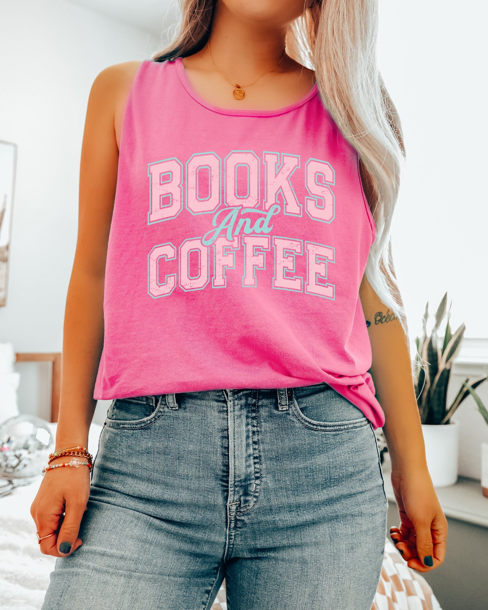 Books and Coffee Comfort Colors Tank Top