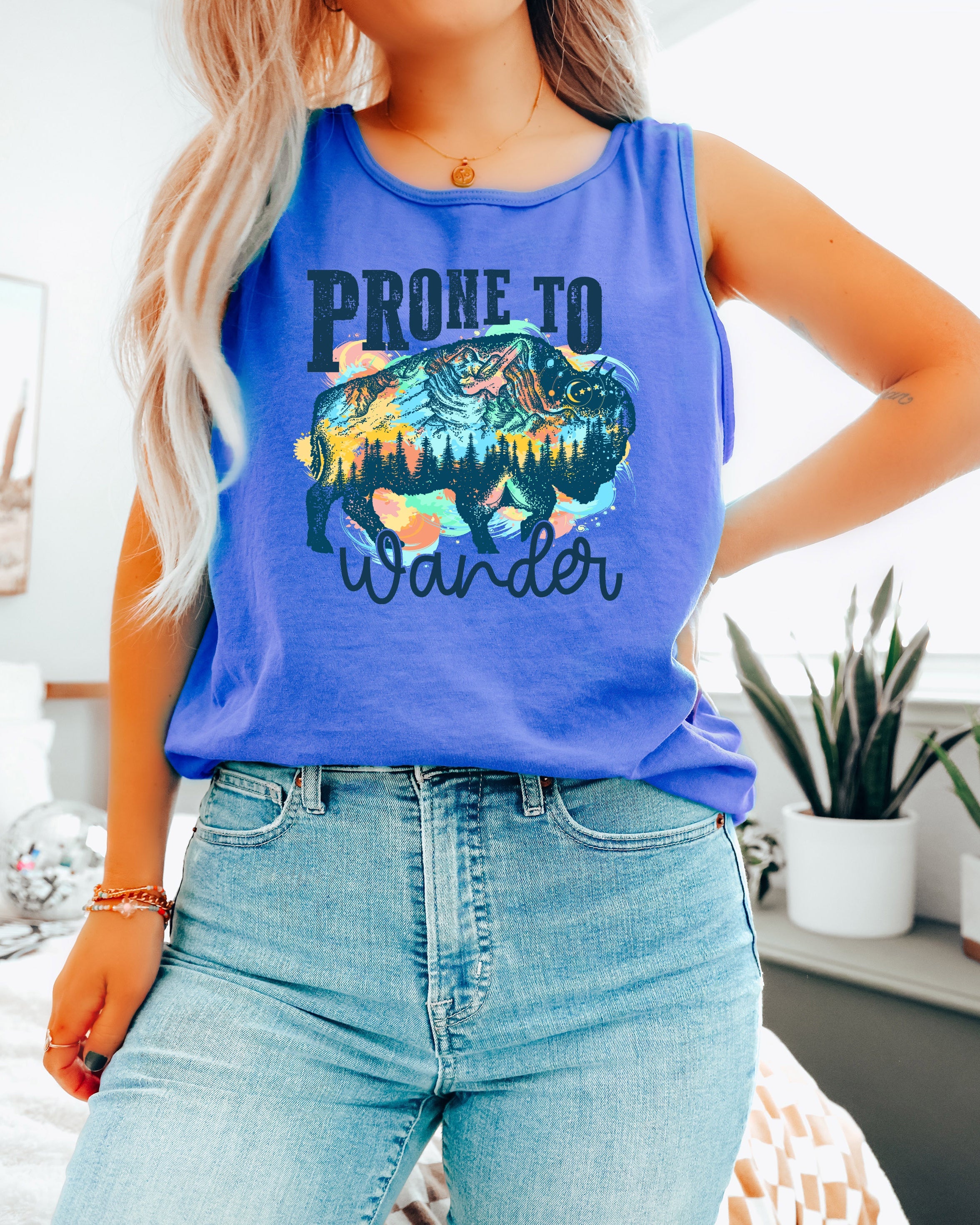 Prone to Wander Buffalo Lake Camping Comfort Colors Tank Top – Mountain Hiking Camping Vacation Nature Lake Beach Graphic