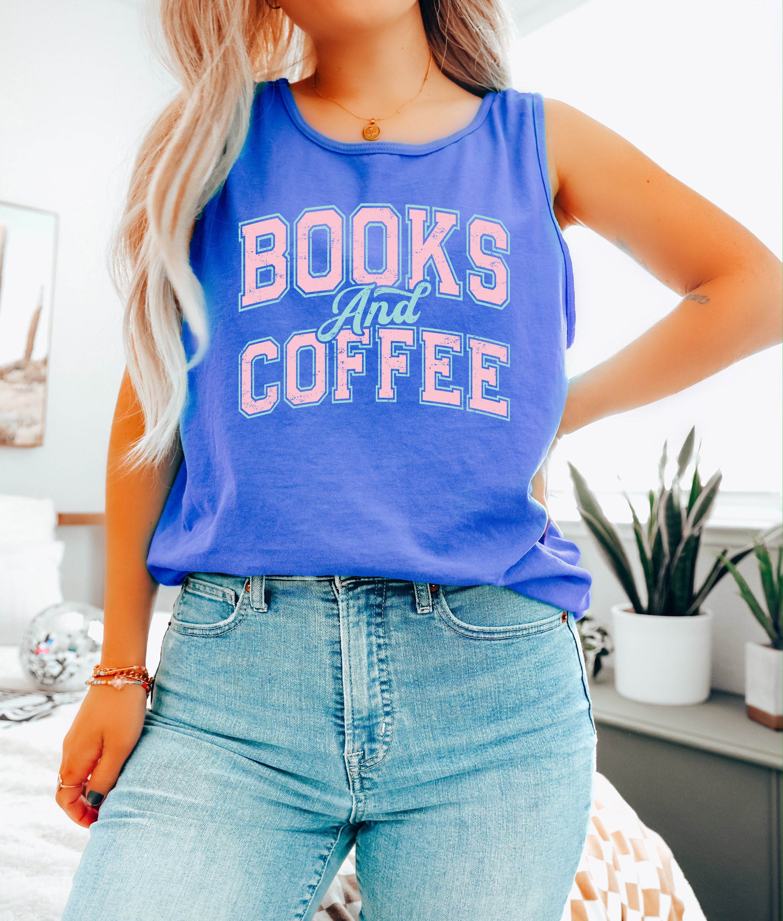 Books and Coffee Comfort Colors Tank Top